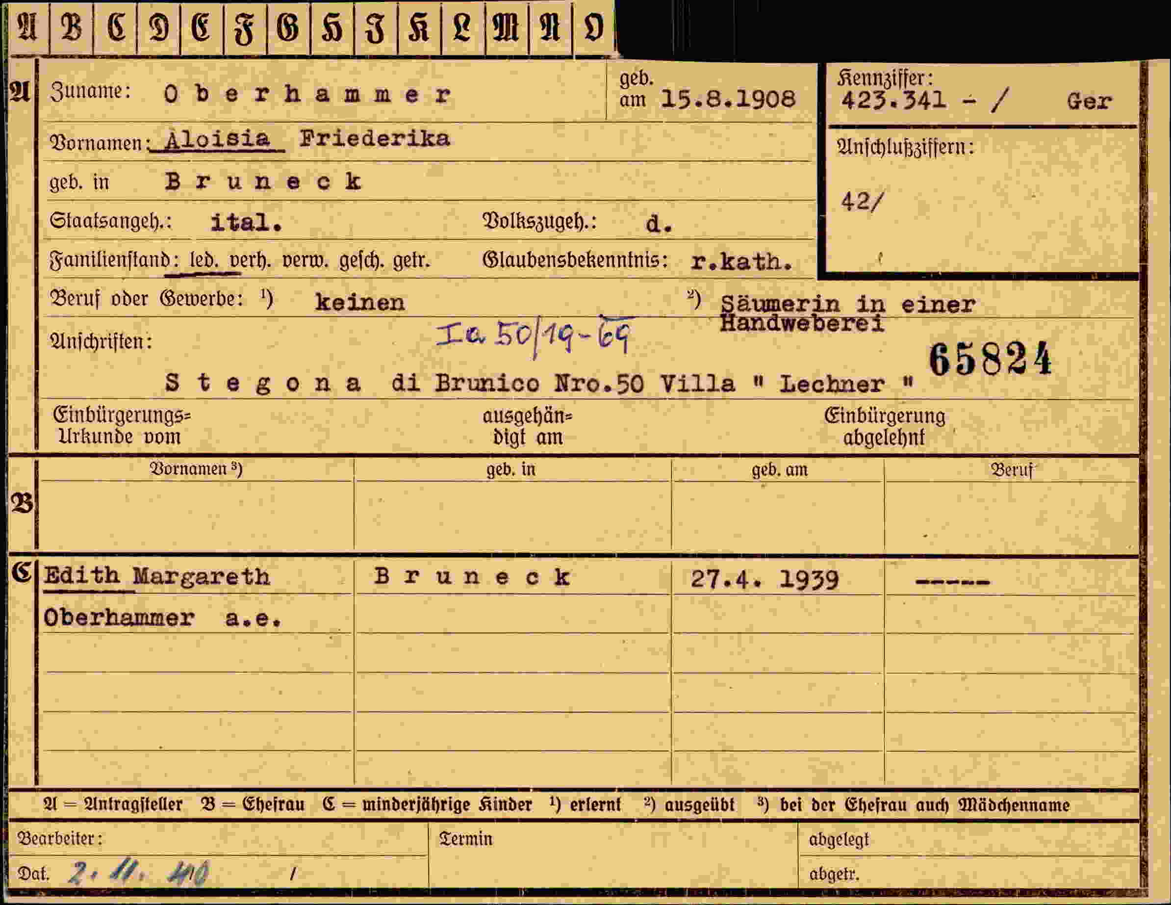 Dokument für Aloisia Friederika Oberhammer