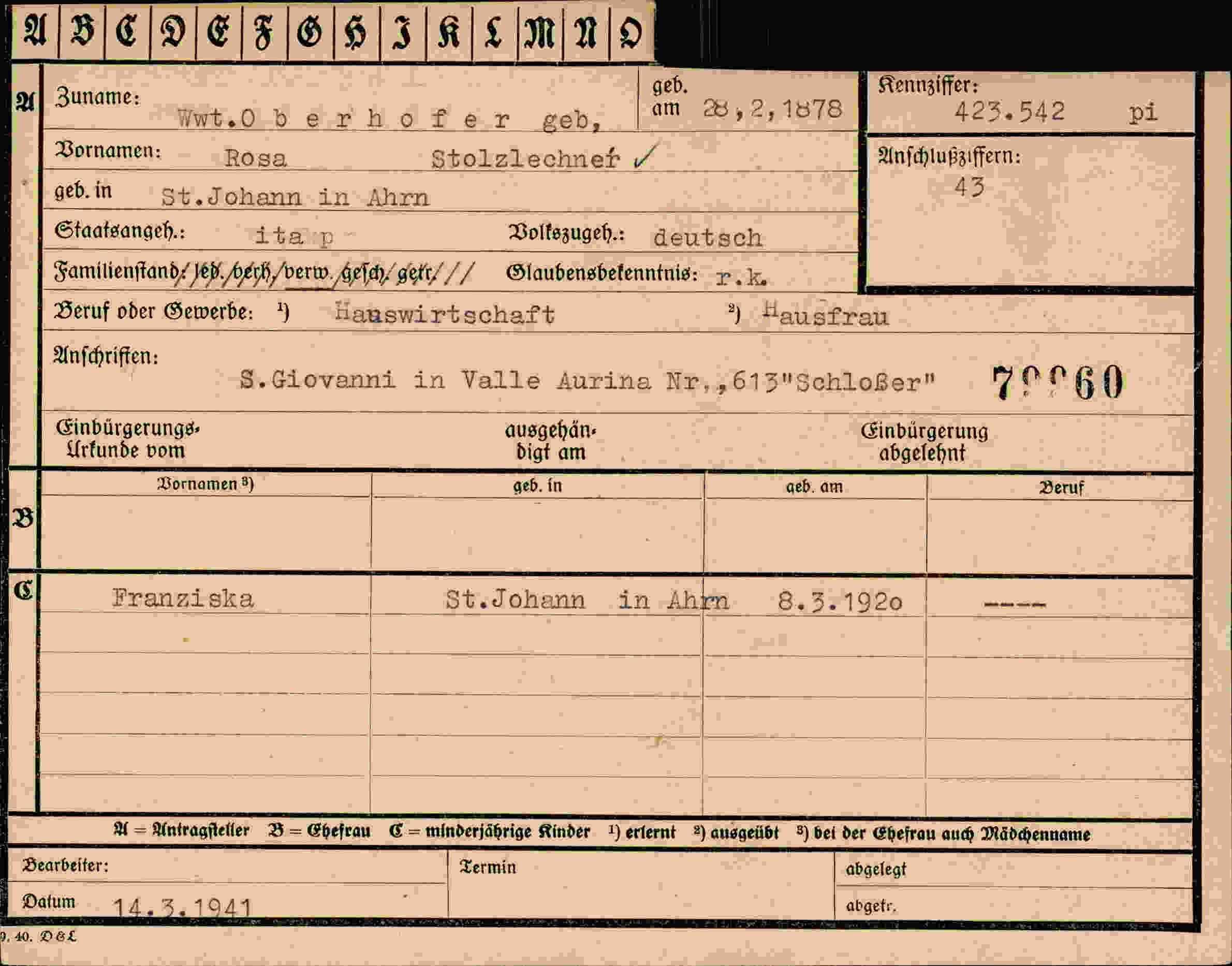 Dokument für Rosa Oberhofer