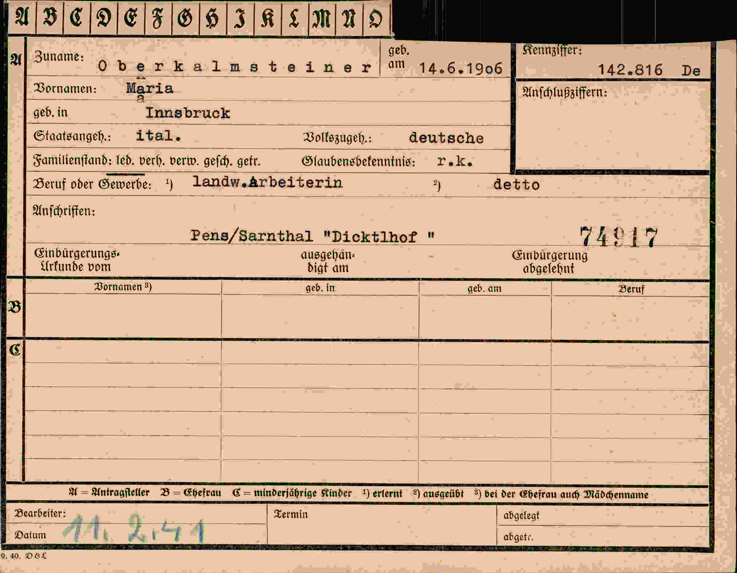 Dokument für Maria Oberkalmsteiner