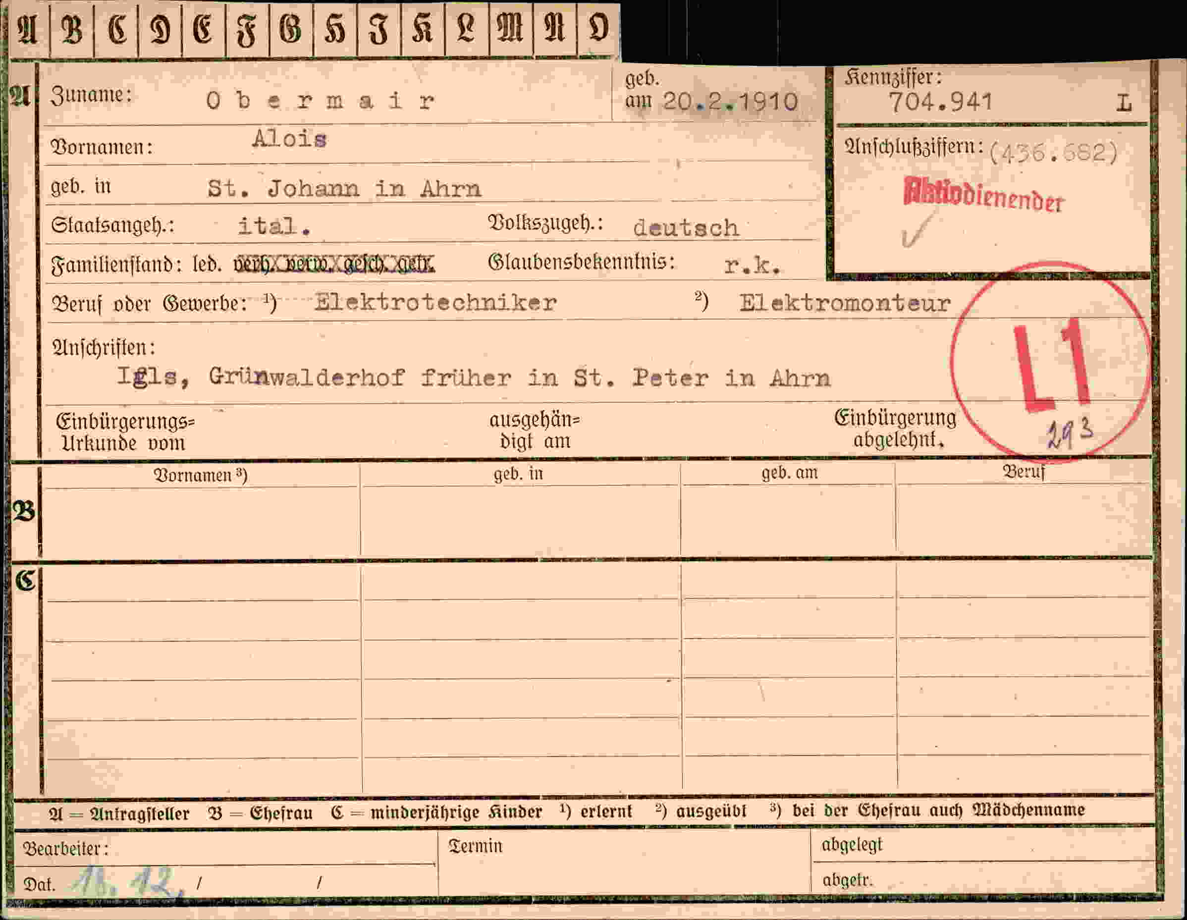 Dokument für Alois Obermair