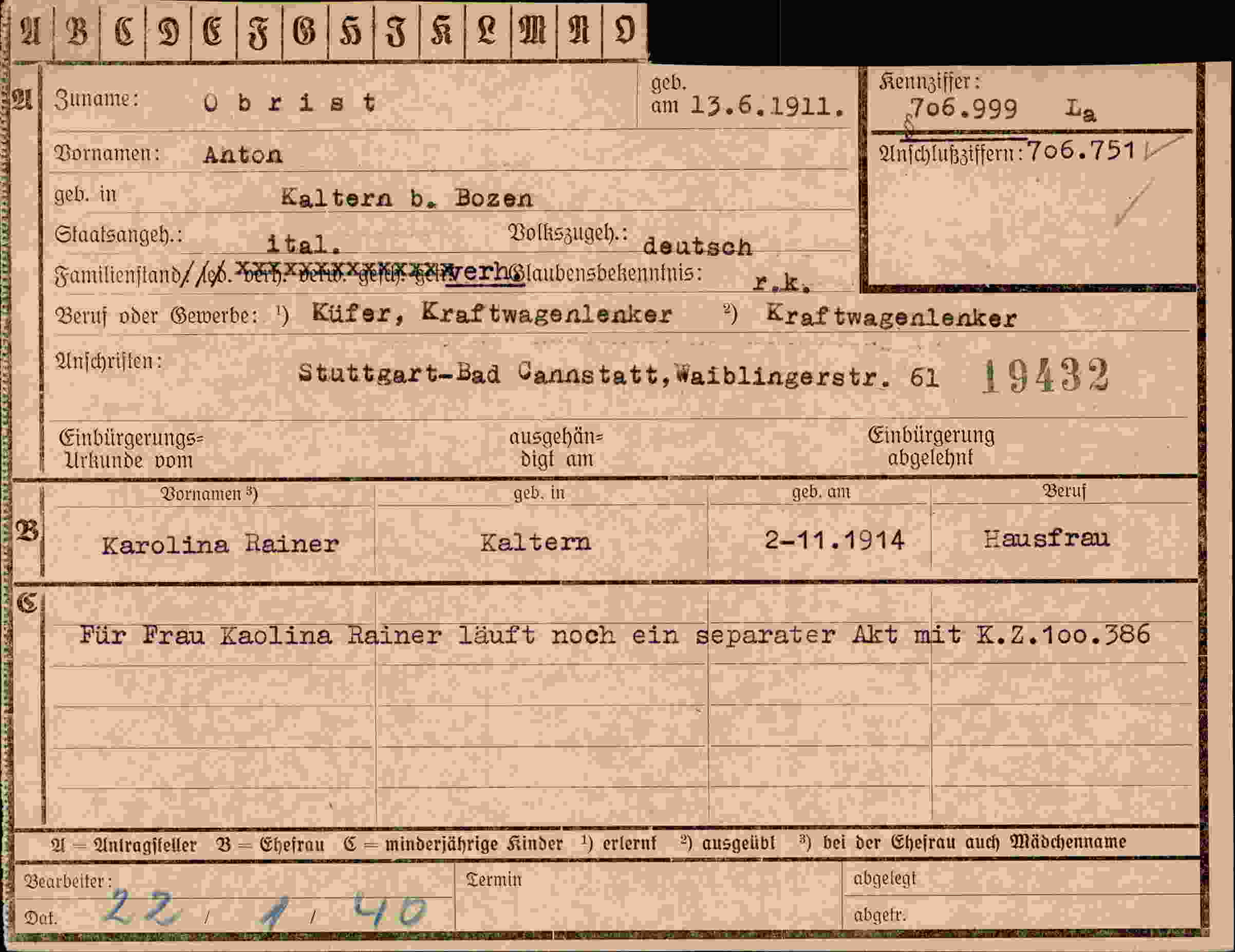 Dokument für Anton Obrist
