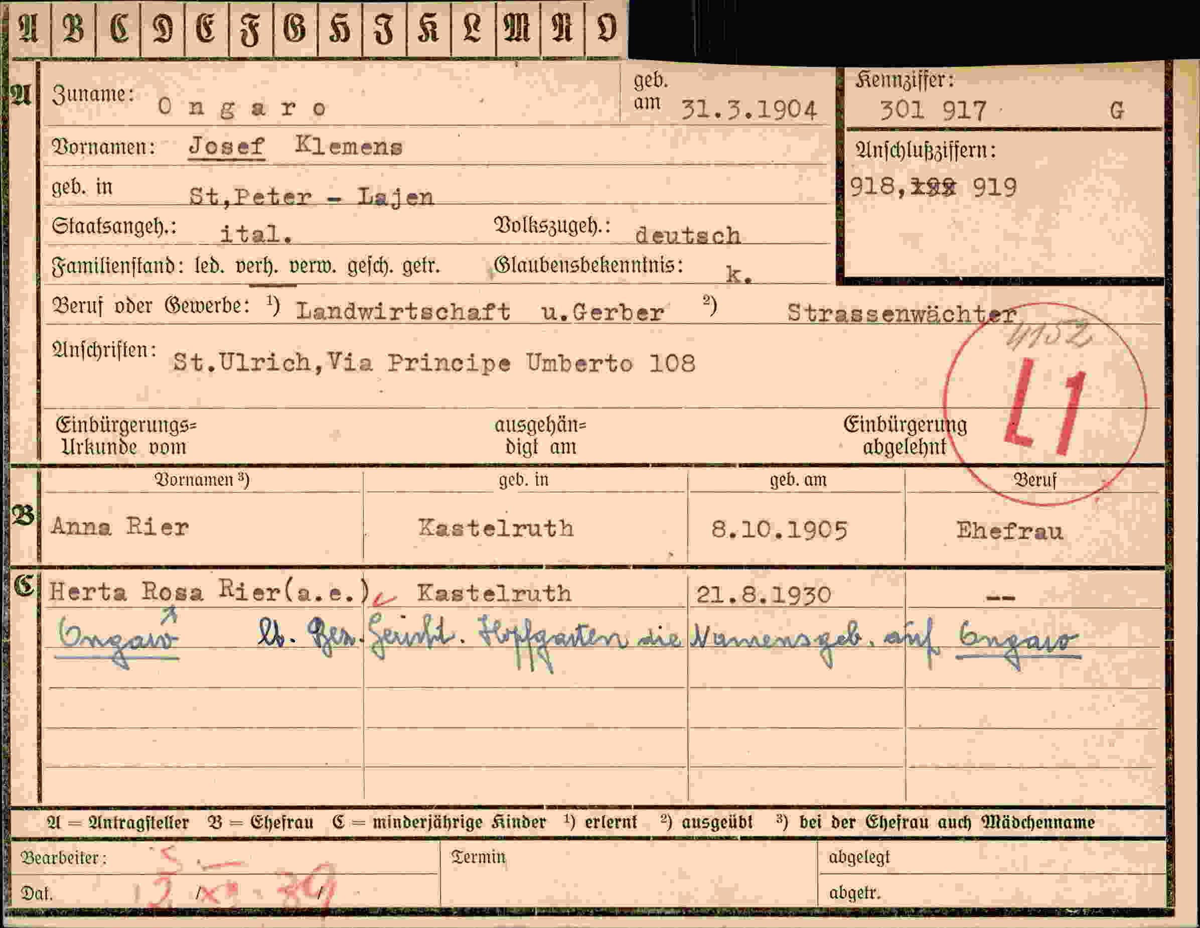 Dokument für Josef Klemens Ongaro