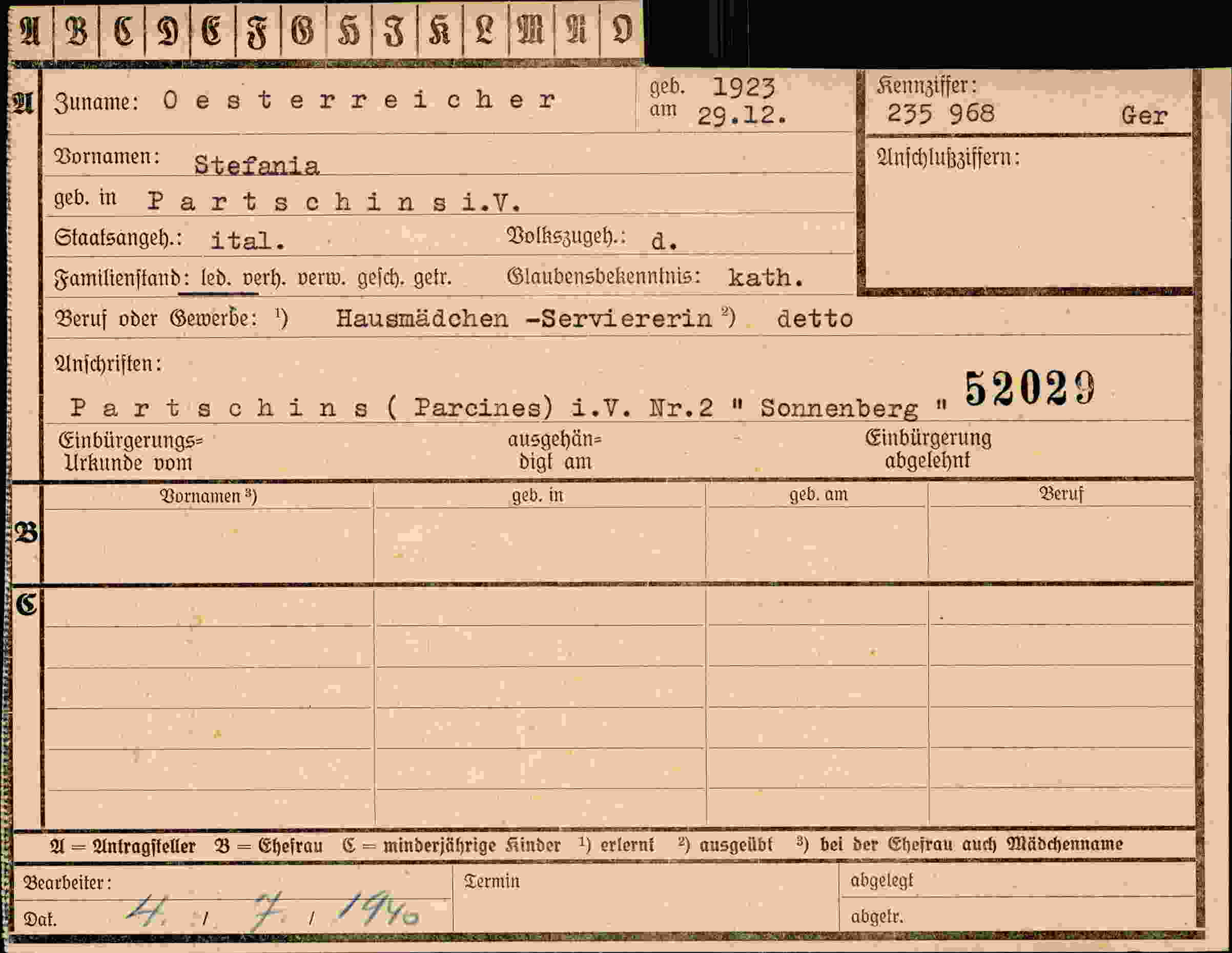 Dokument für Stefania Oesterreicher