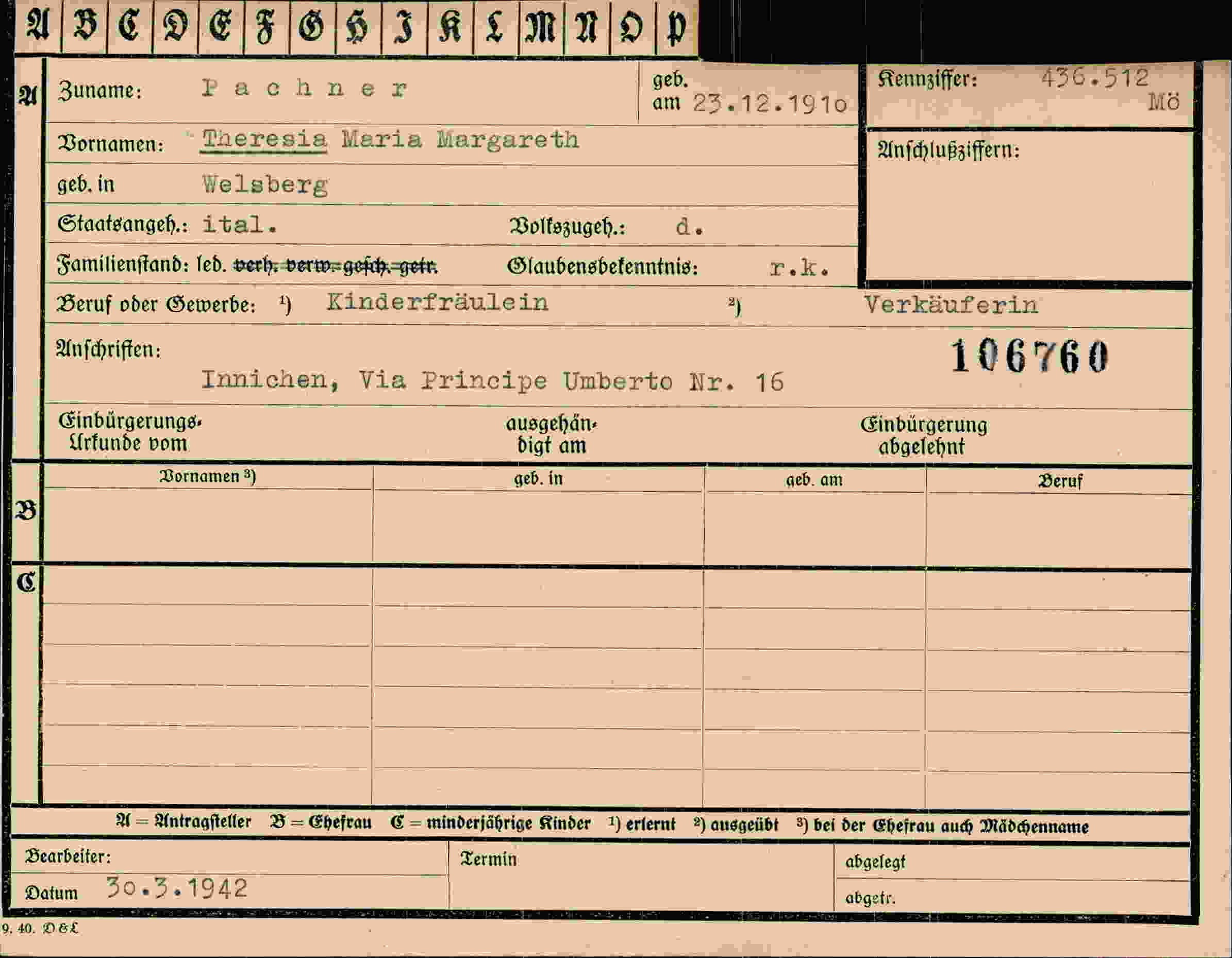 Dokument für Theresia Maria Margareth Pachner