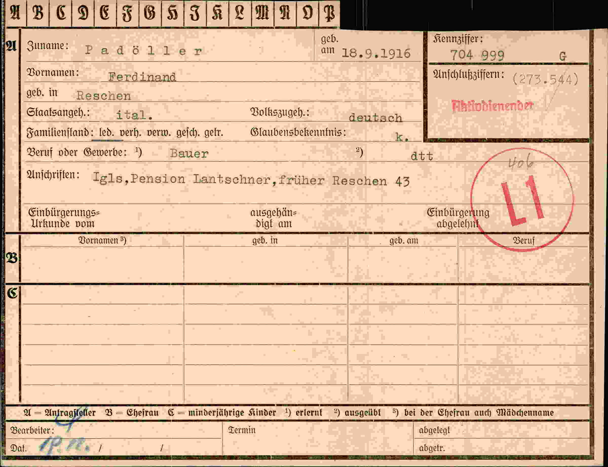 Dokument für Ferdinand Padöller