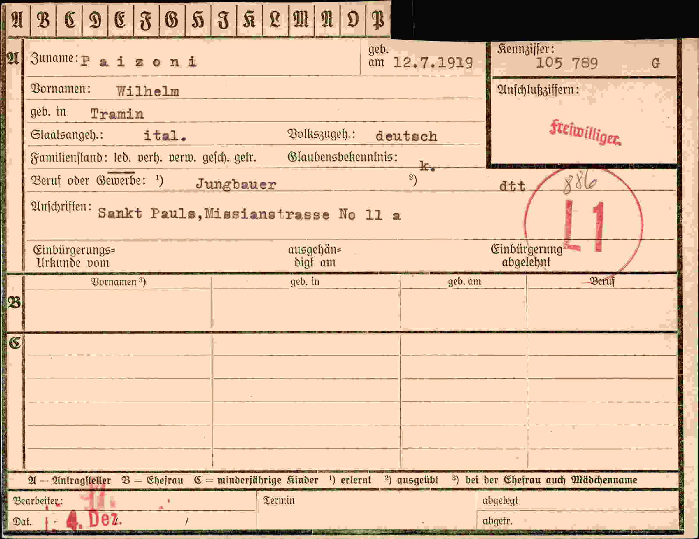 Dokument für Wilhelm Paizoni