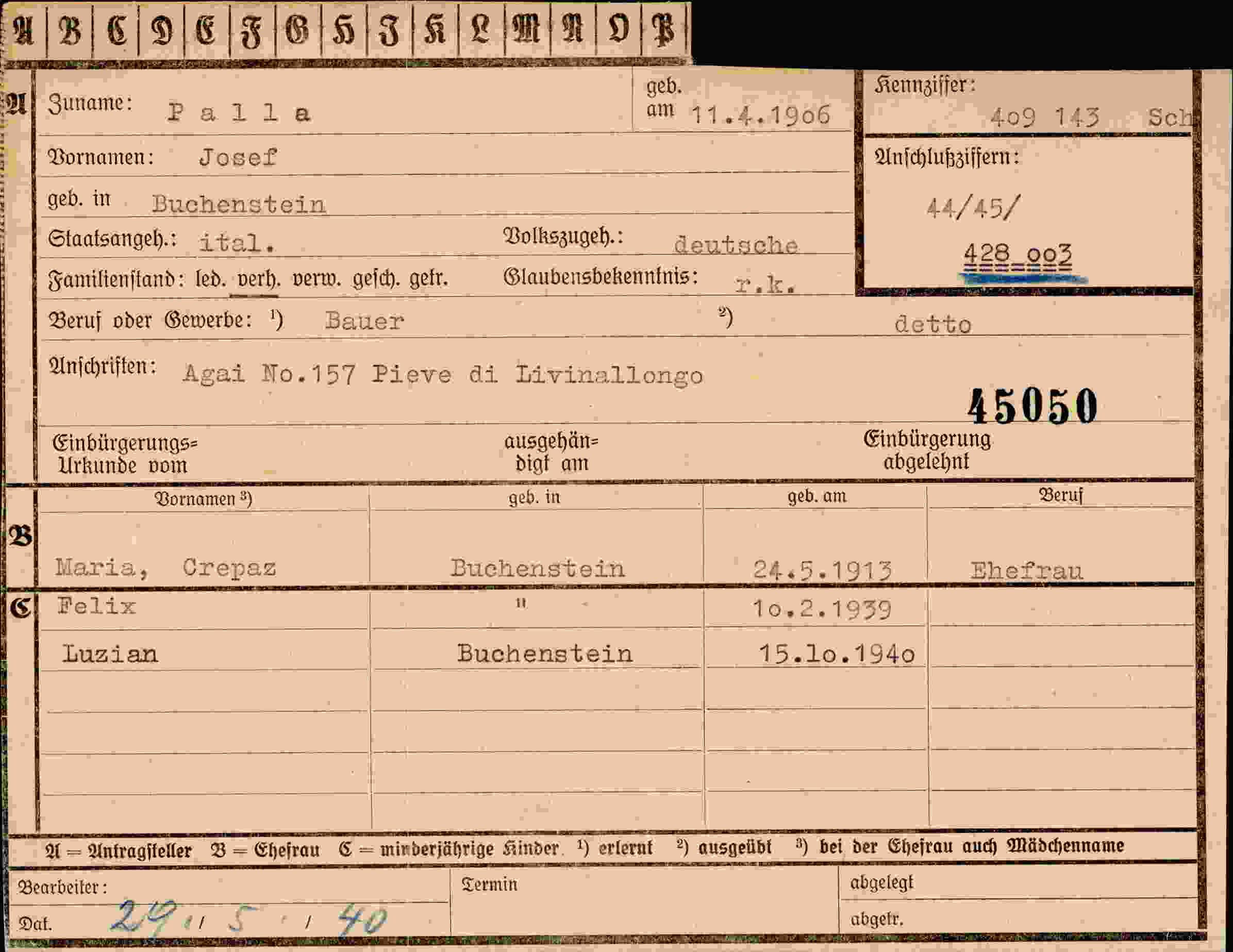 Dokument für Josef Palla