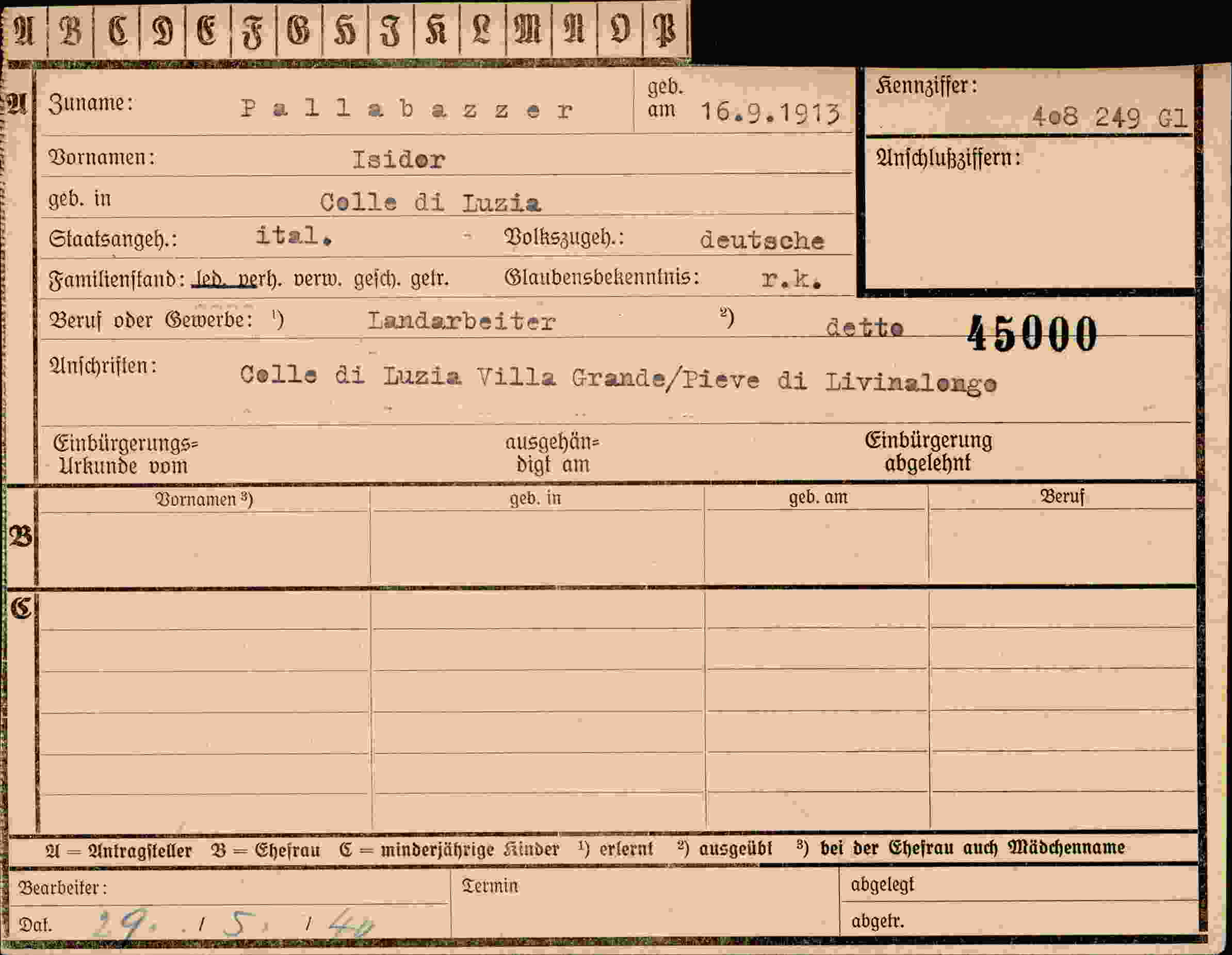 Dokument für Isidor Pallabazzer