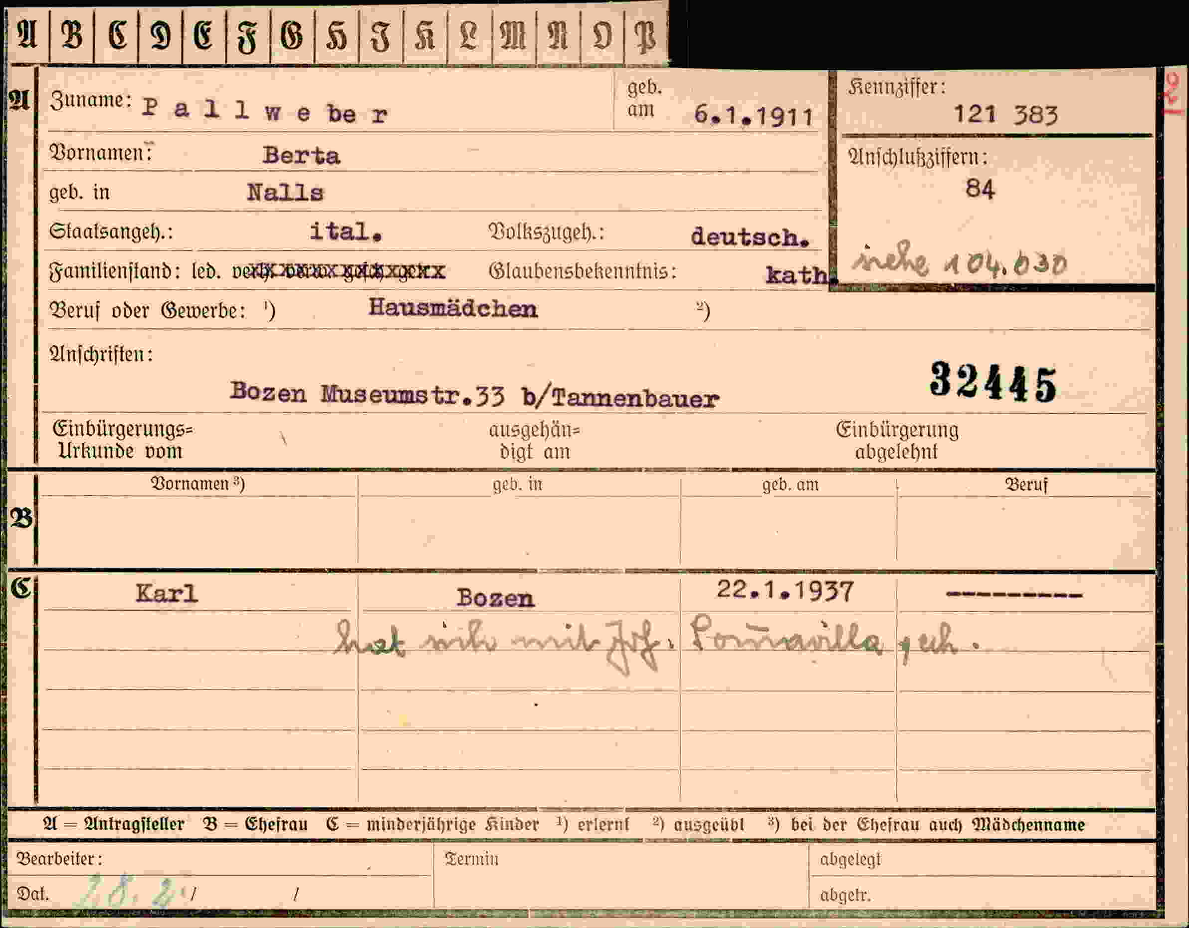 Dokument für Berta Pallweber