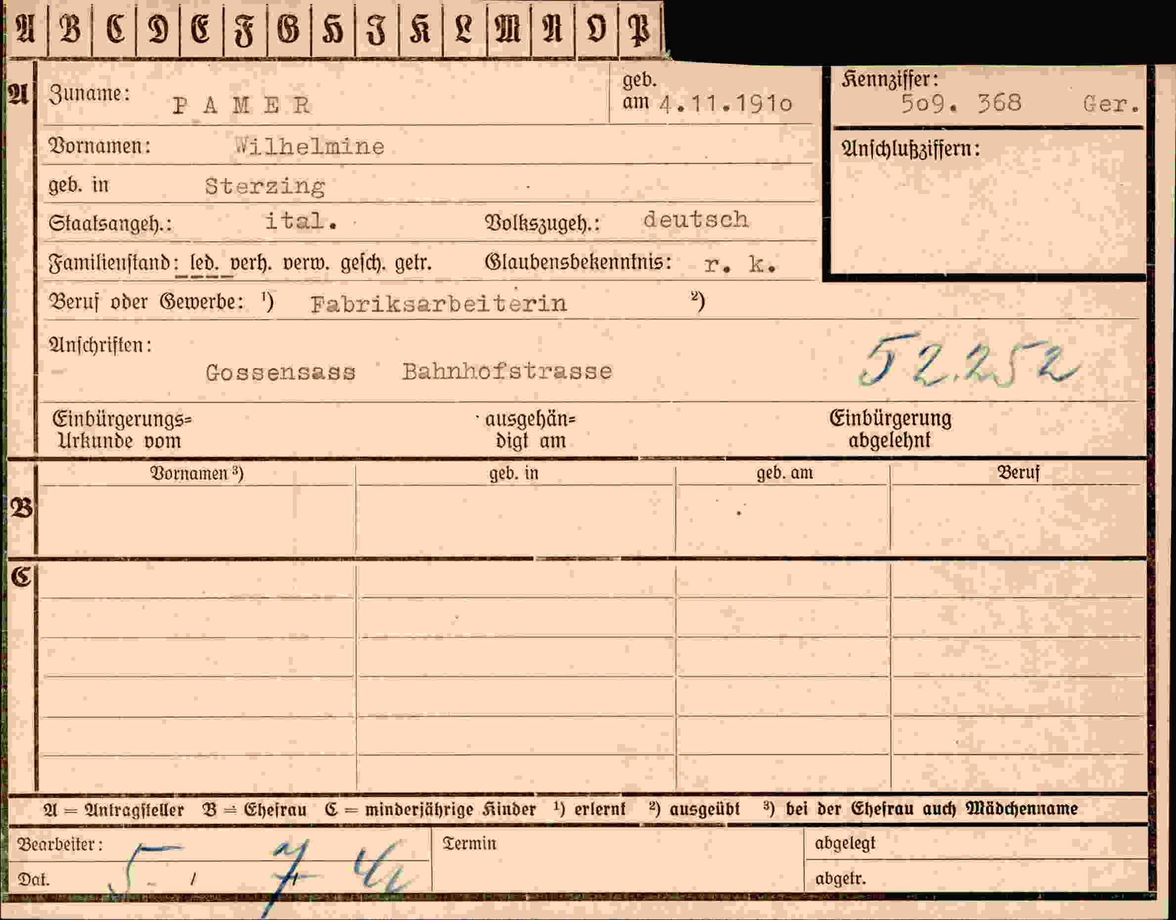 Dokument für Wilhelmine Pamer