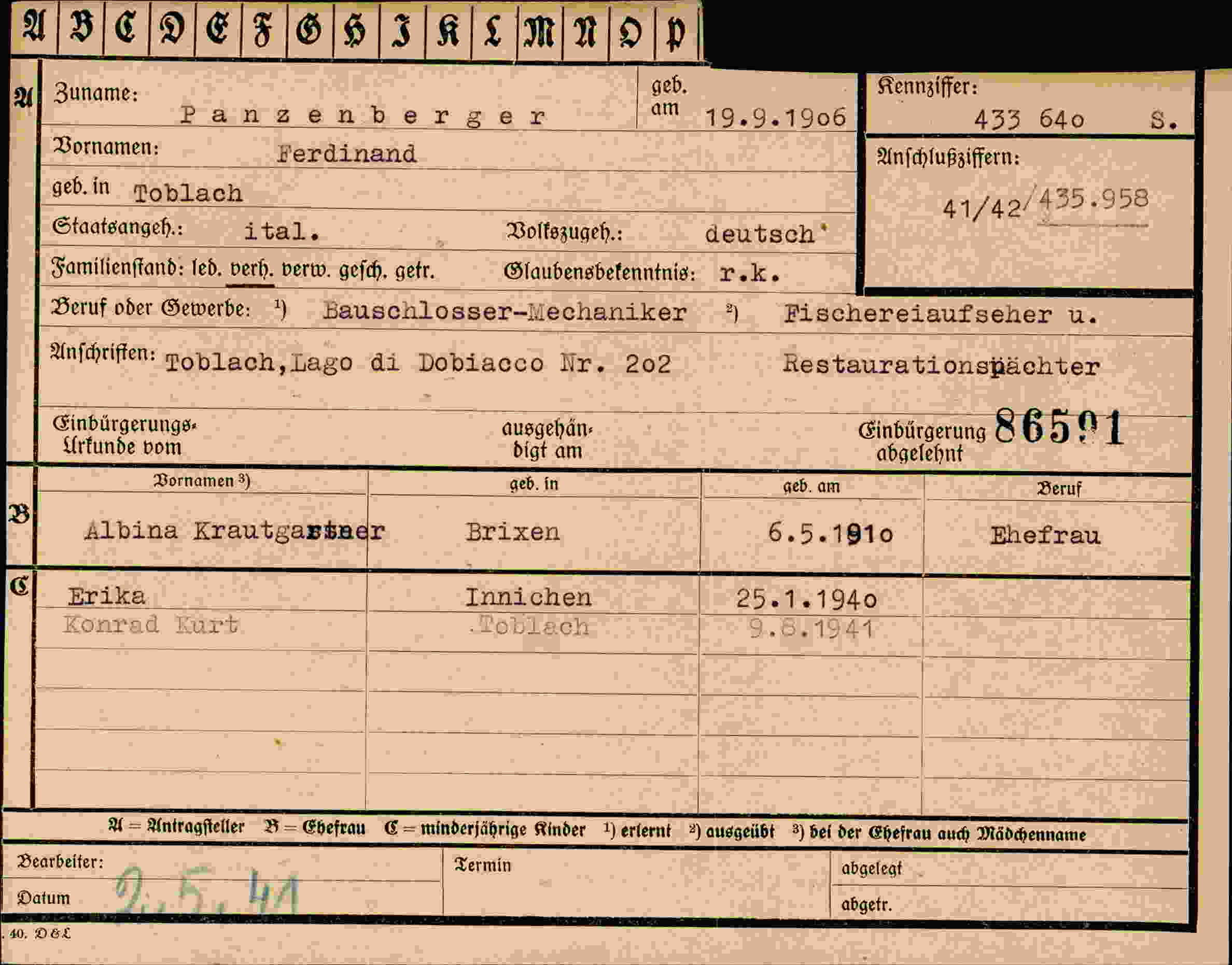 Dokument für Ferdinand Panzenberger
