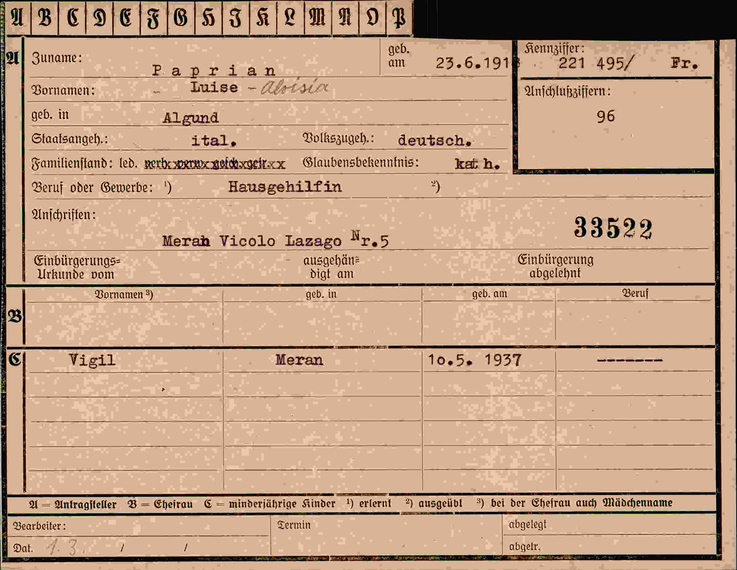 Dokument für Luise Aloisia Paprian