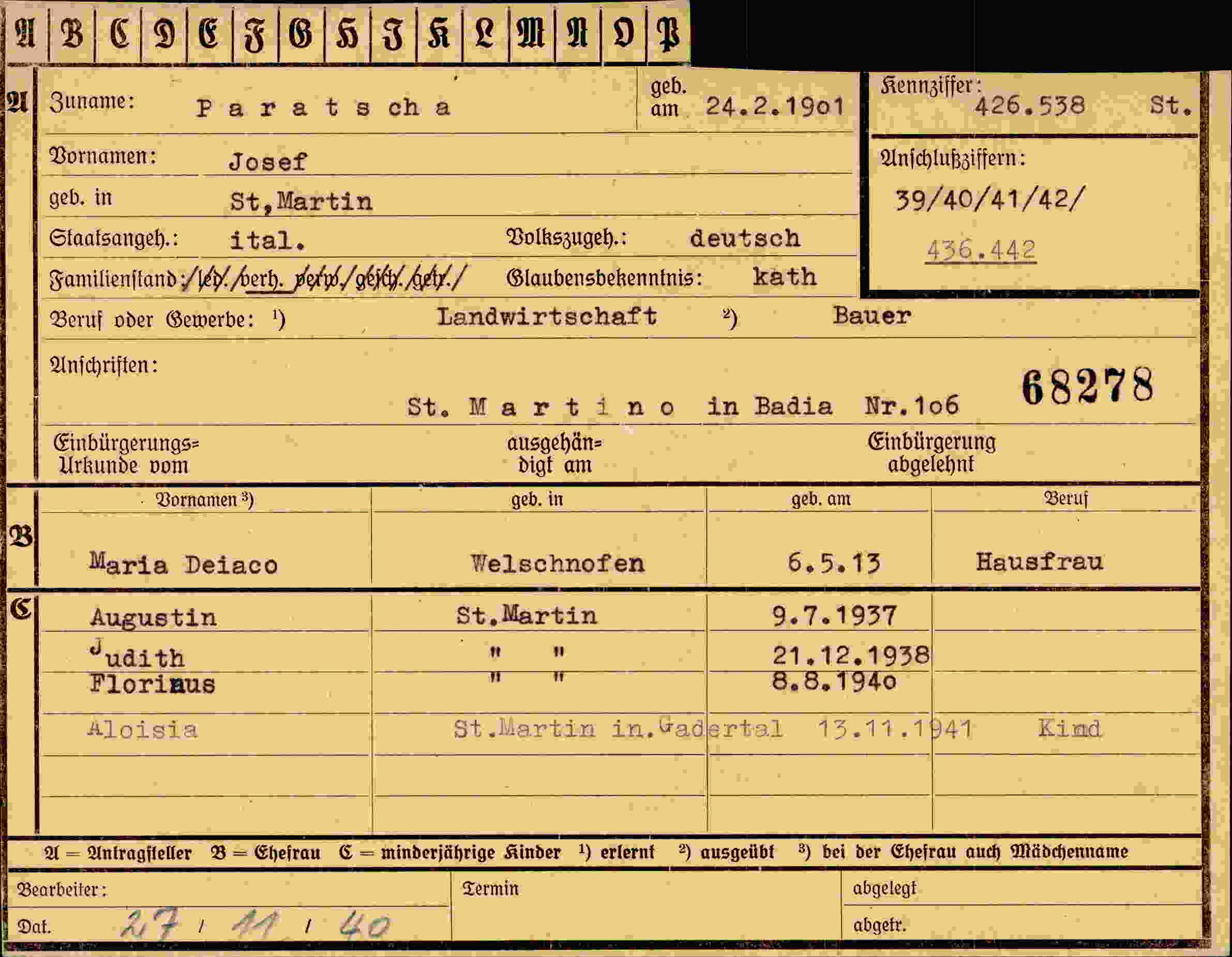 Dokument für Josef Paratscha