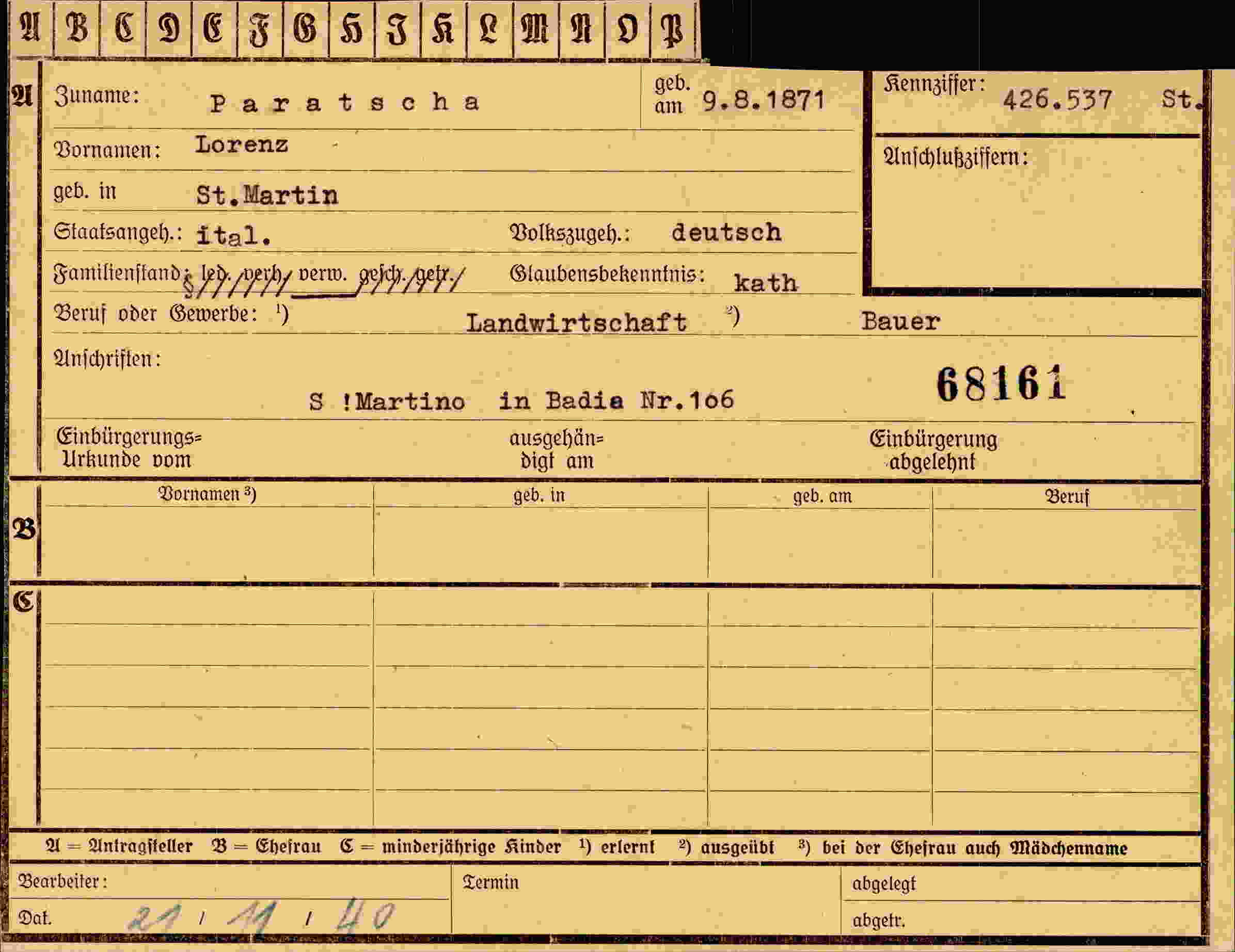 Dokument für Lorenz Paratscha