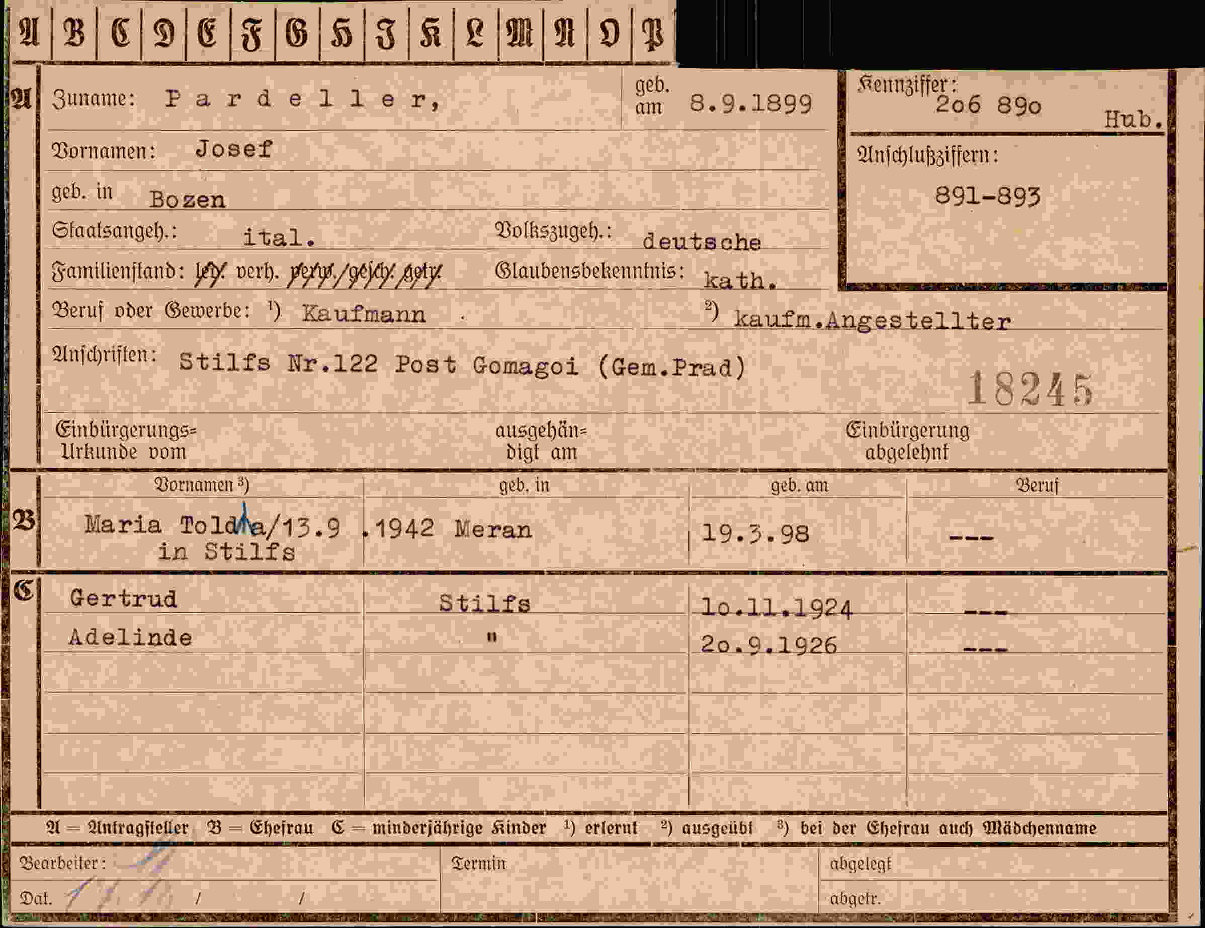 Dokument für Josef Pardeller