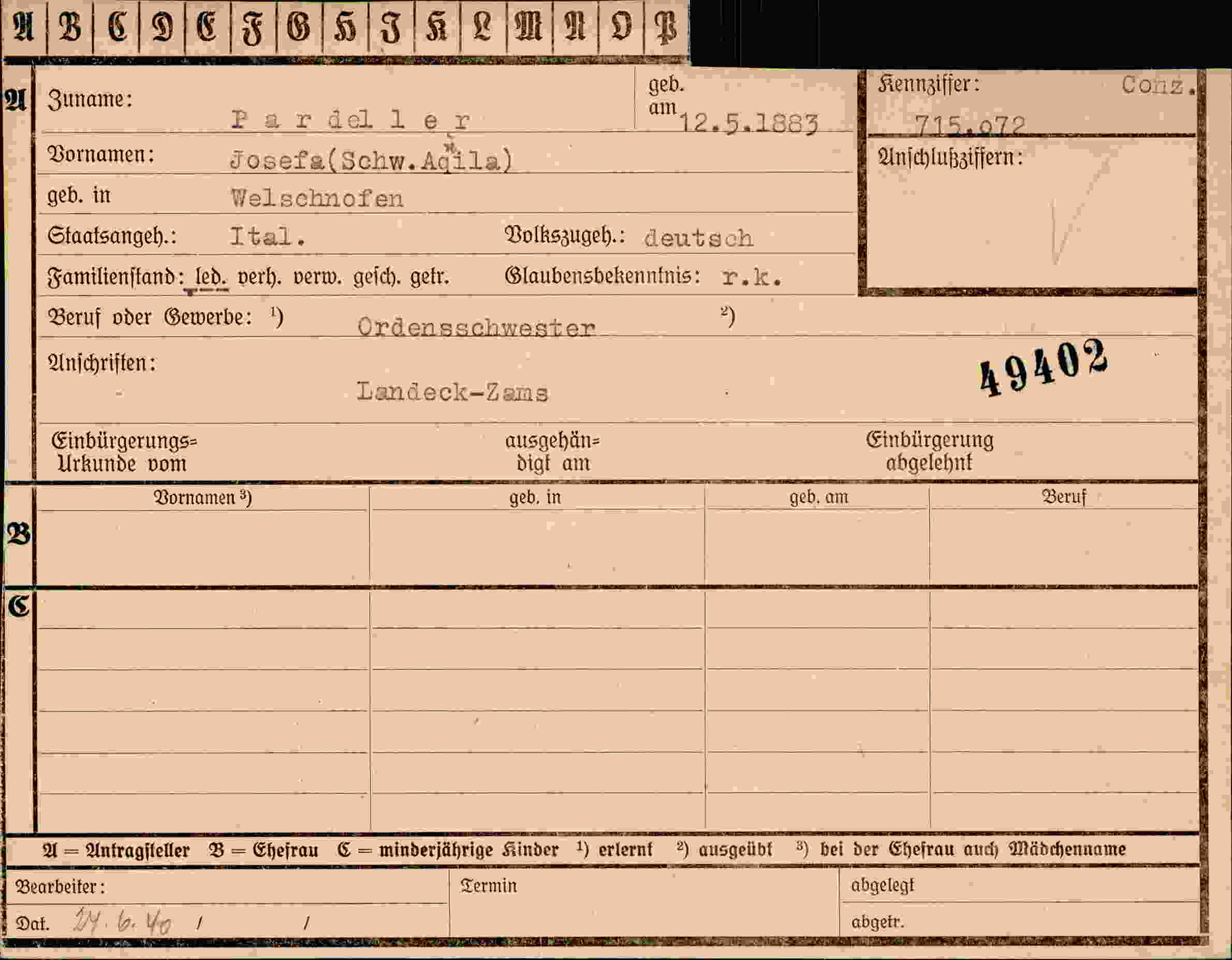 Dokument für Josefa Pardeller