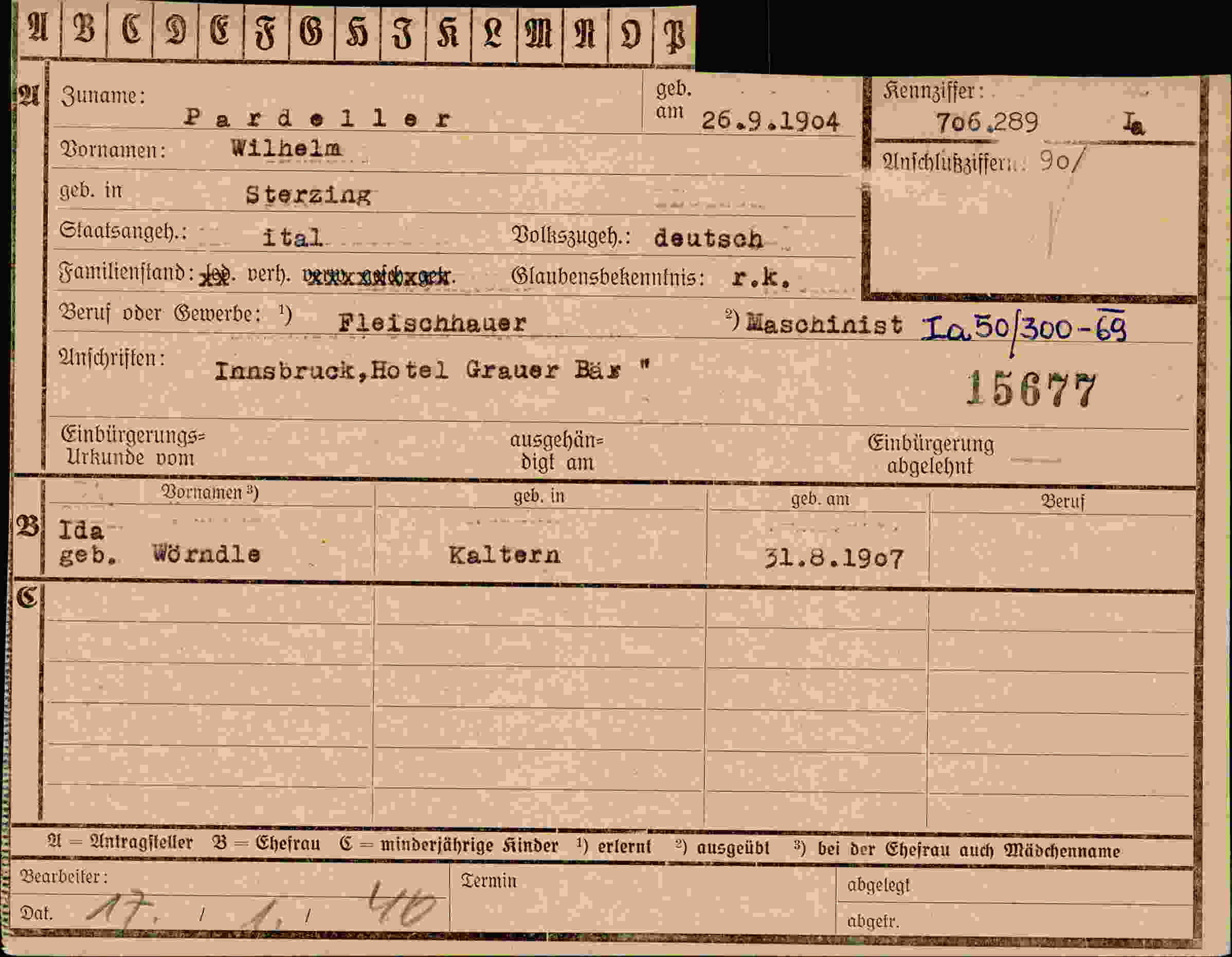 Dokument für Wilhelm Pardeller