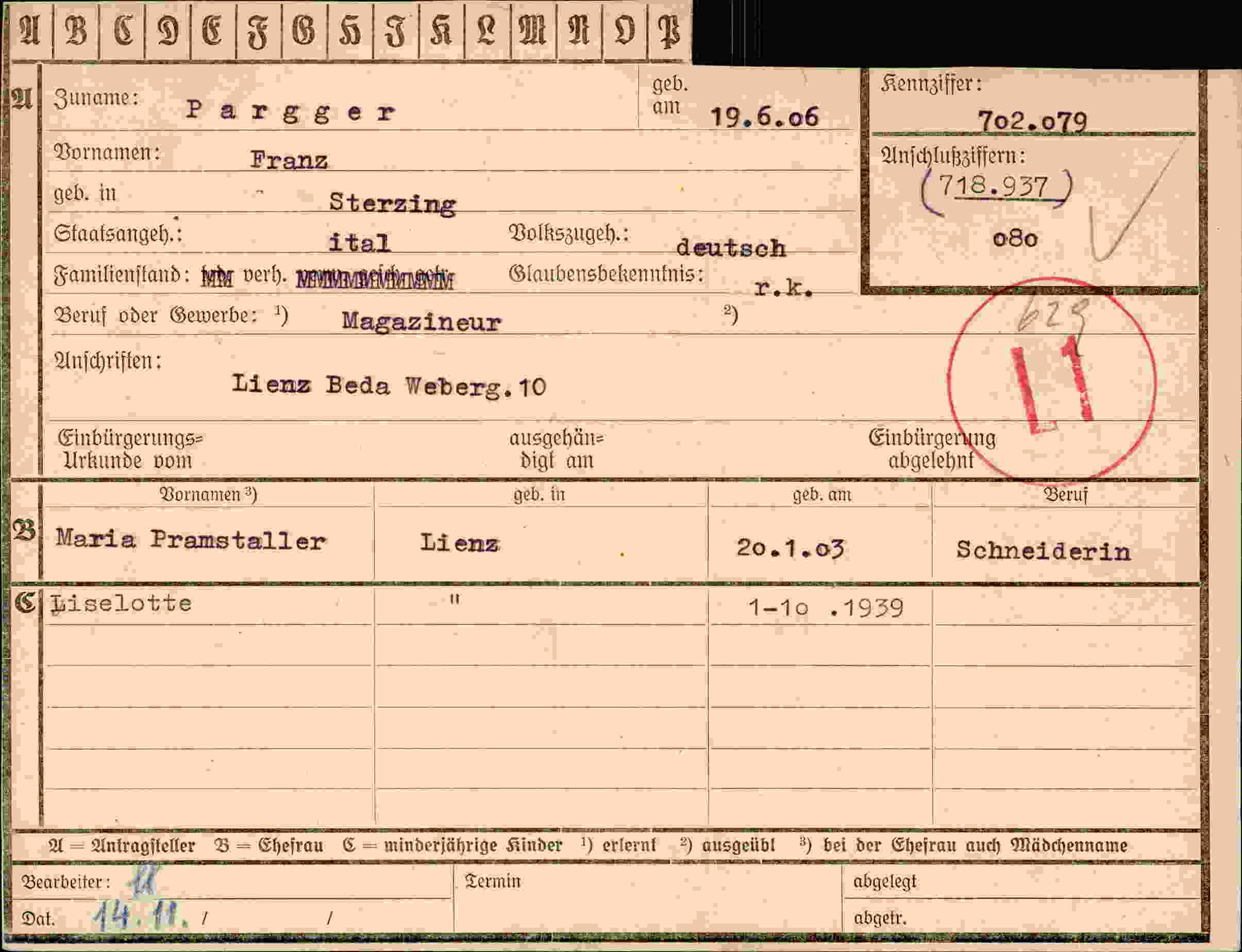 Dokument für Franz Pargger