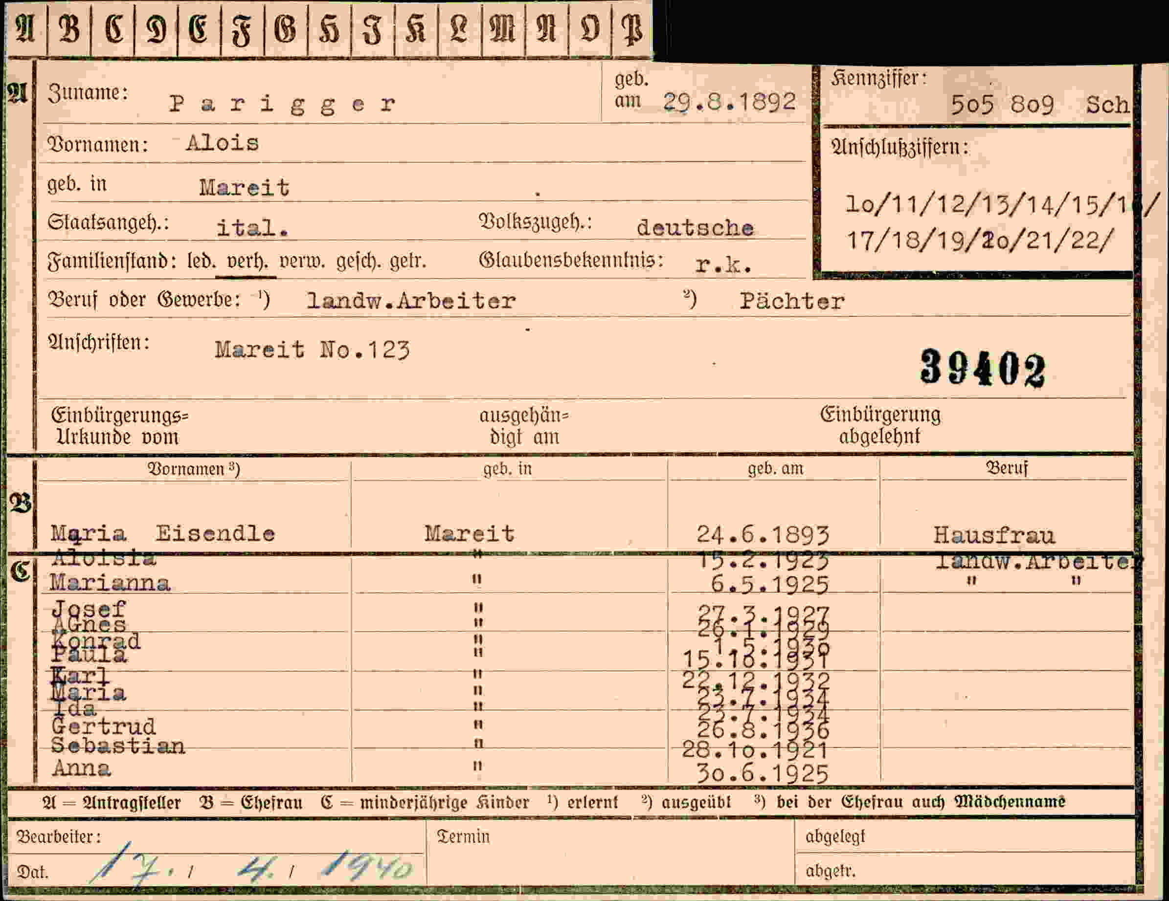 Dokument für Alois Parigger