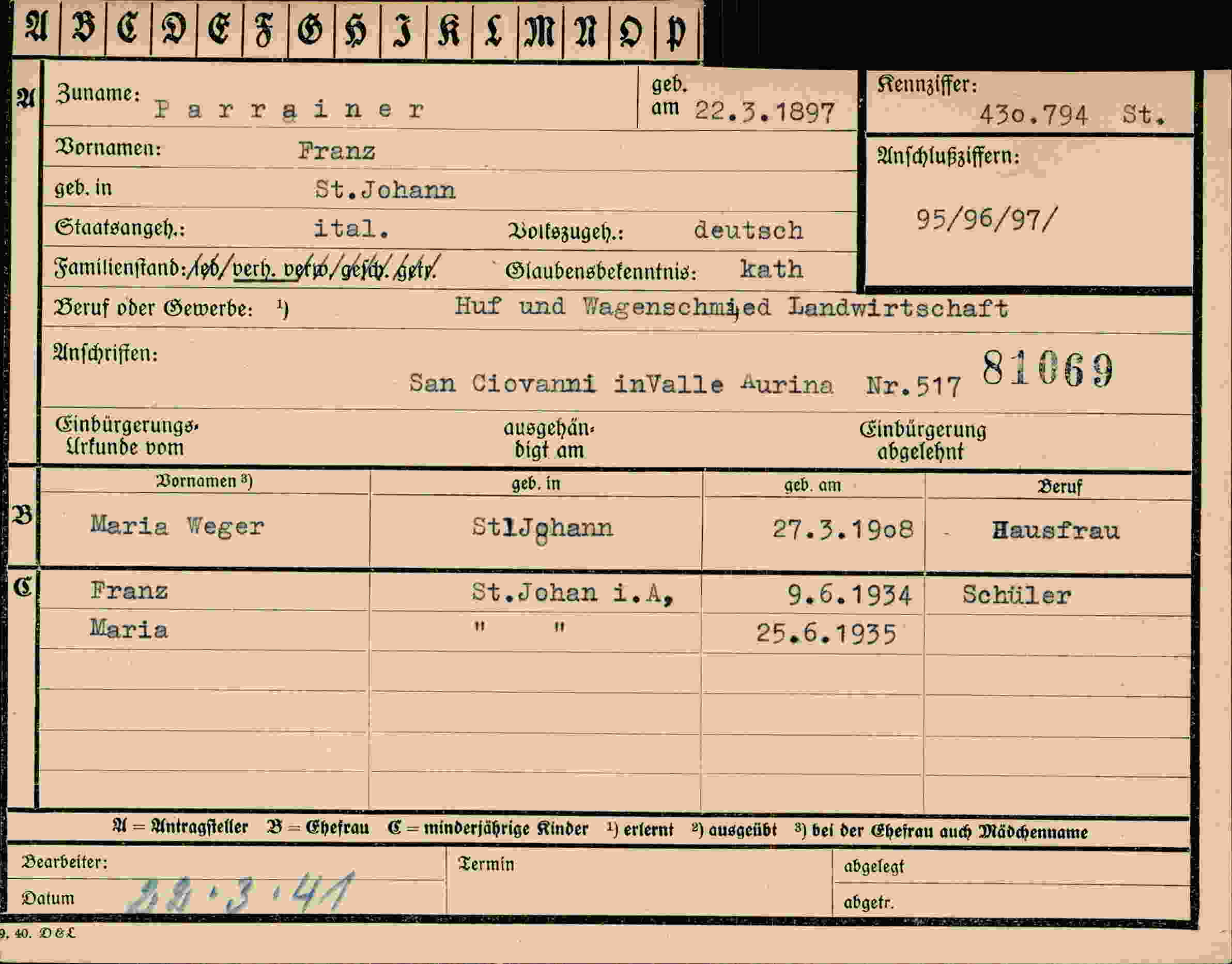 Dokument für Franz Parrainer