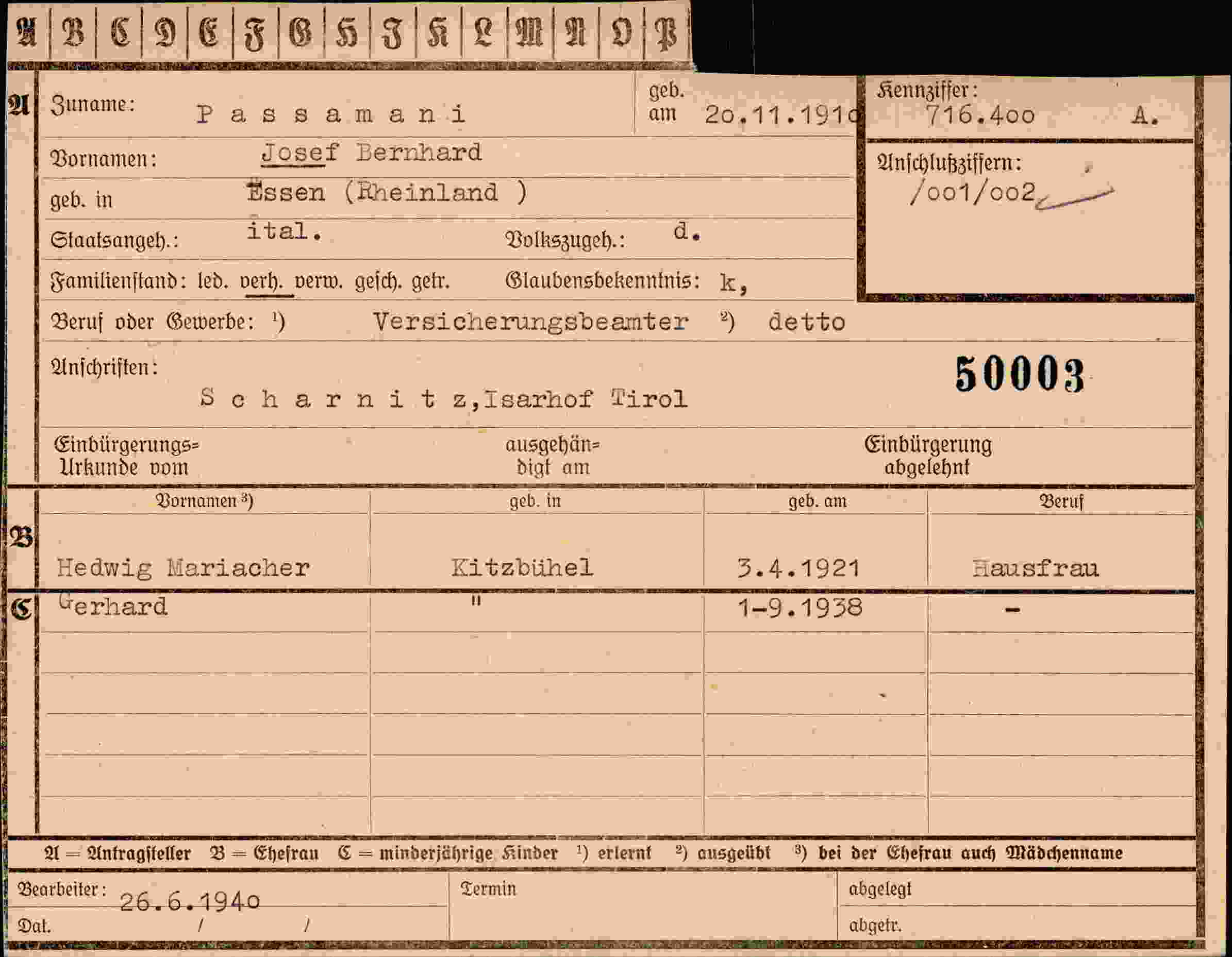 Dokument für Josef Bernhard Passamani