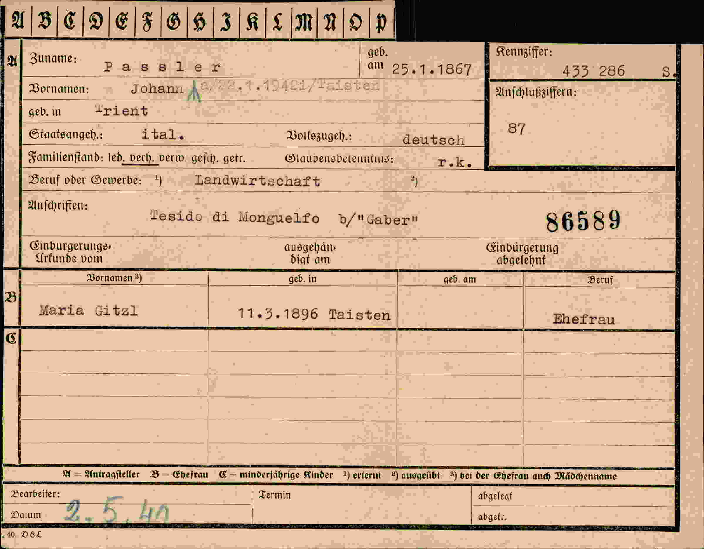 Dokument für Johann Passler