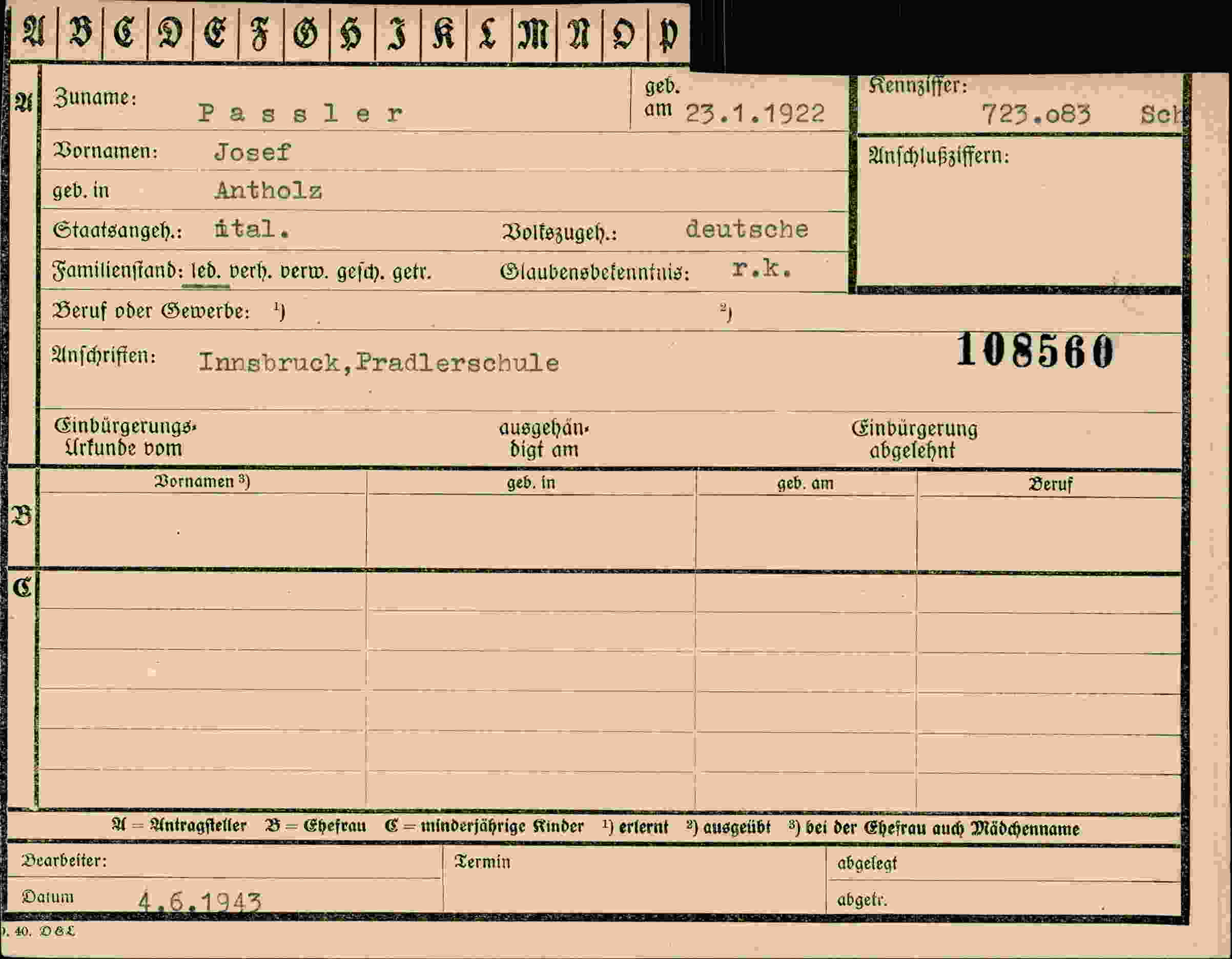 Dokument für Josef Passler