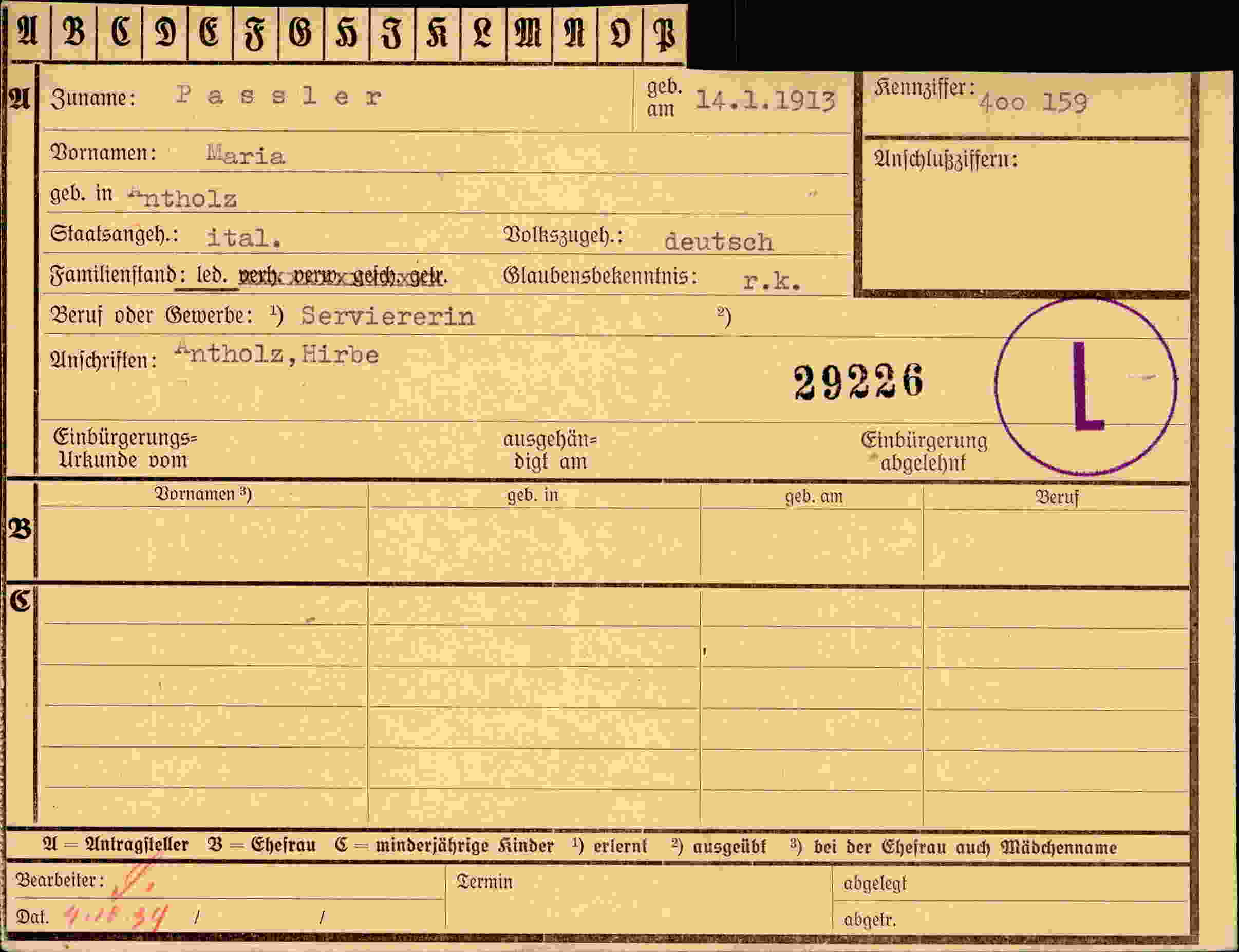 Dokument für Maria Passler