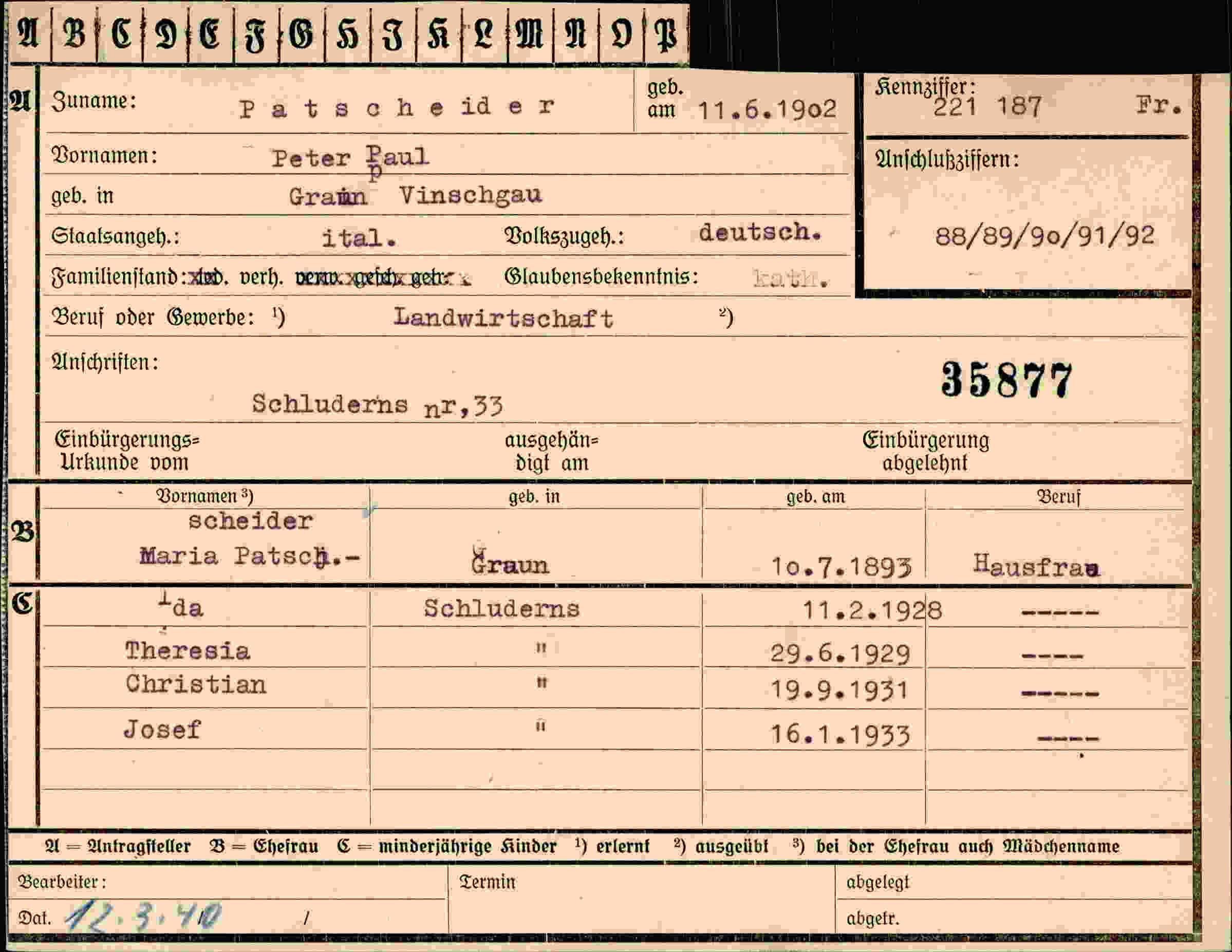 Dokument für Peter Paul Patscheider