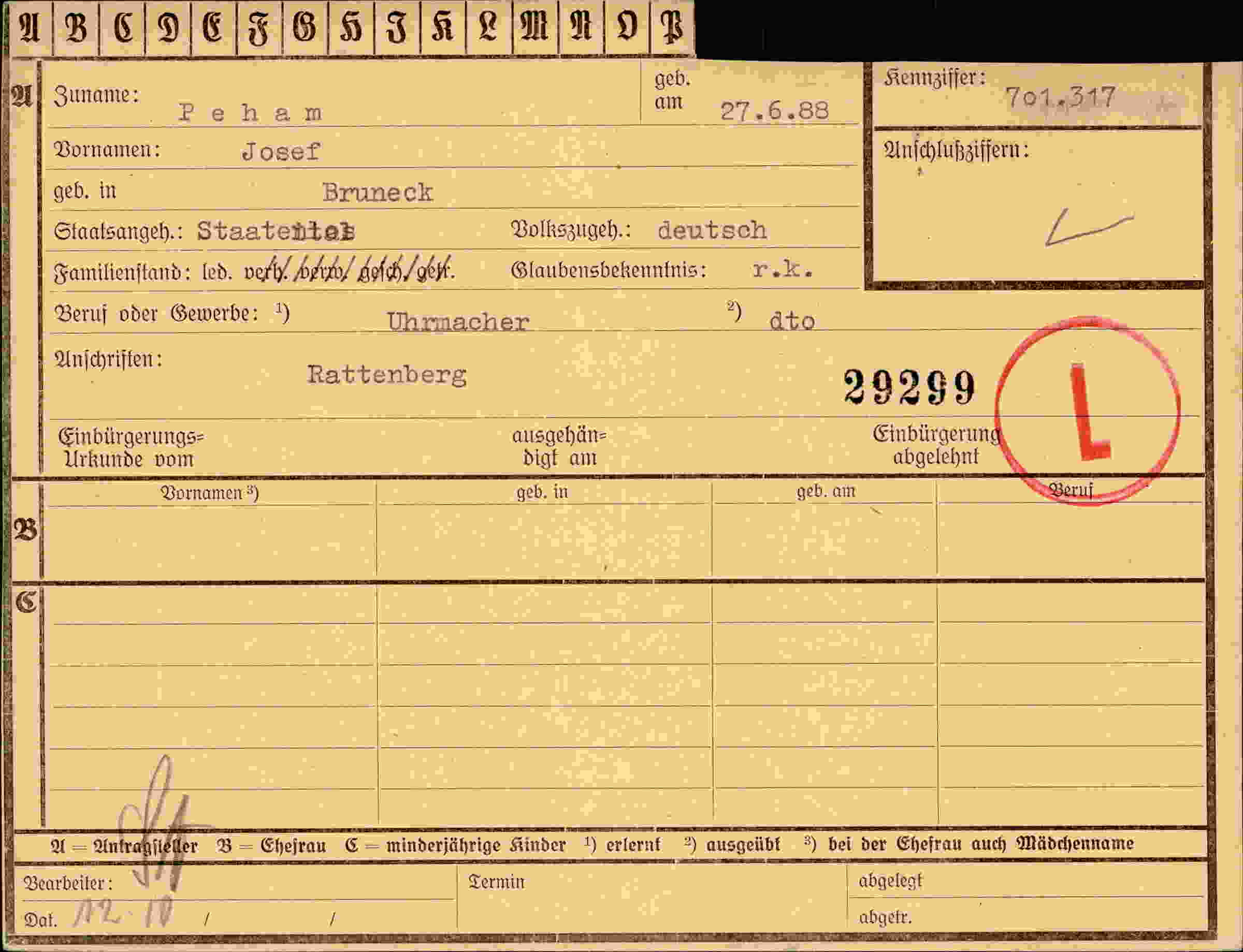 Dokument für Josef Peham