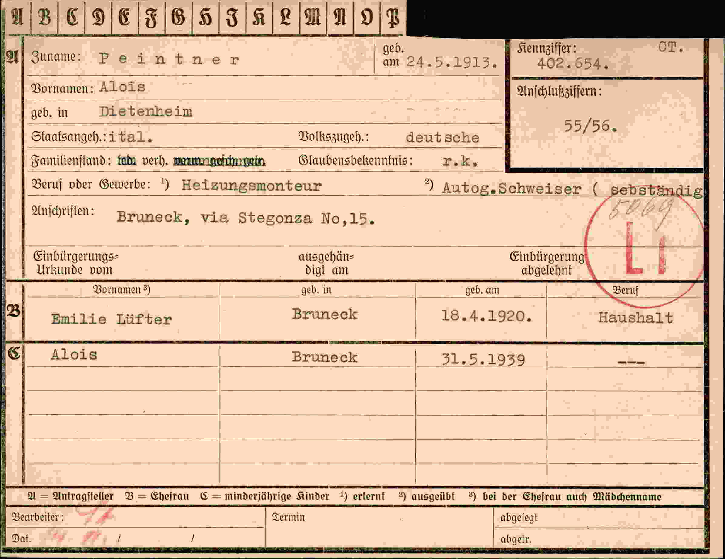 Dokument für Aloïs Peintner