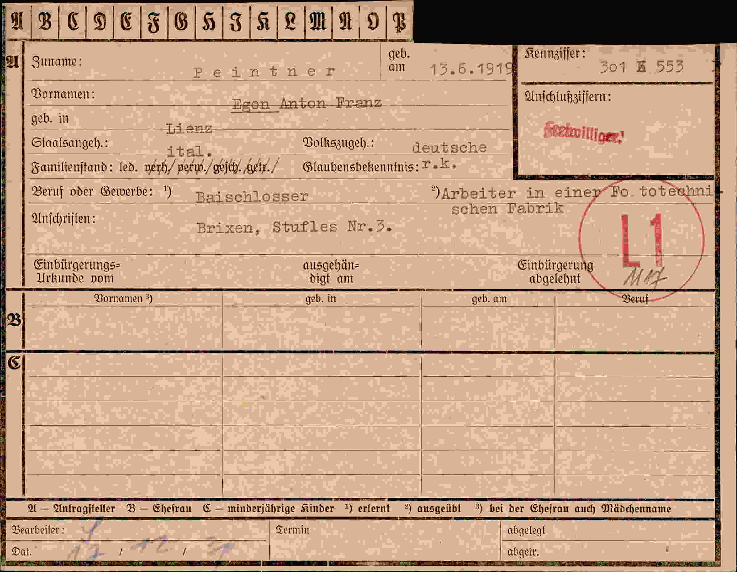 Dokument für Egon Anton Peintner