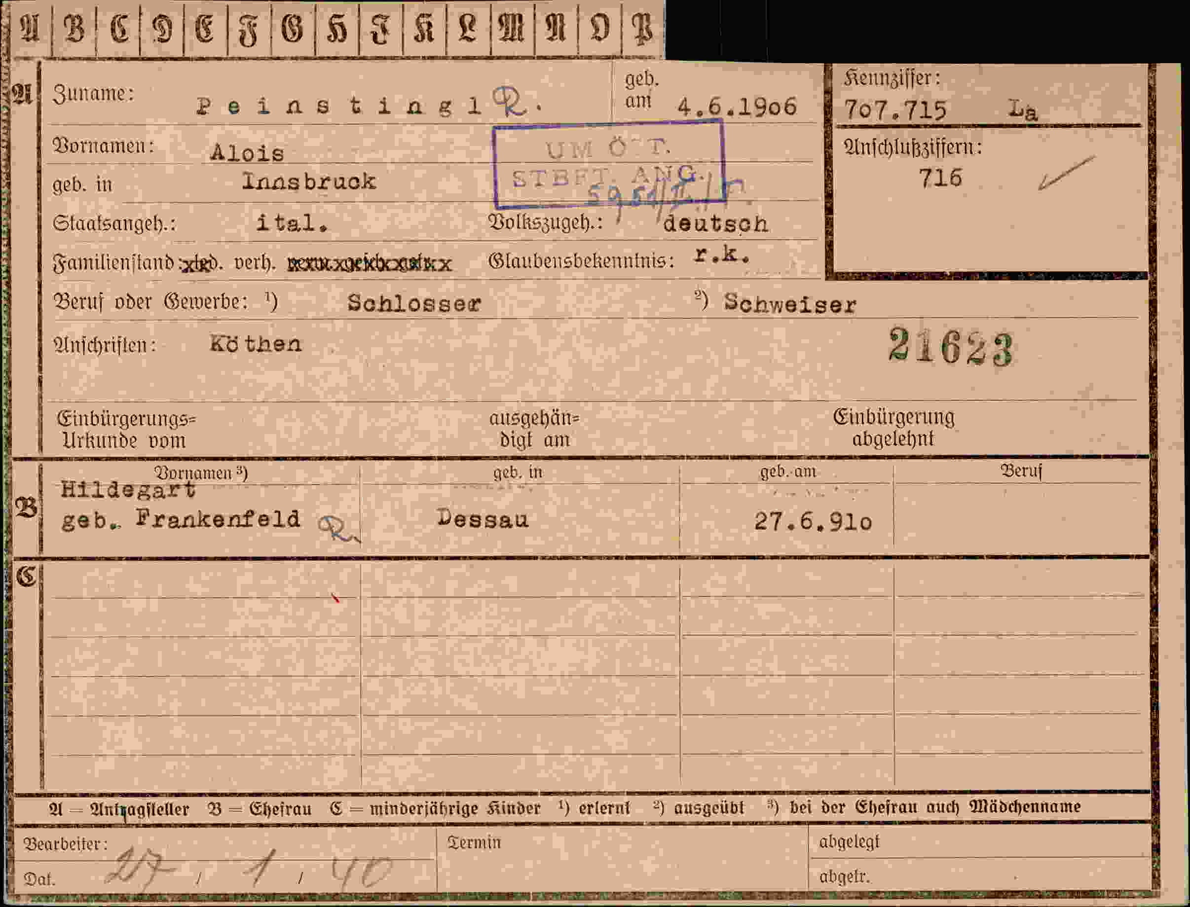 Dokument für Alois Peinstingl