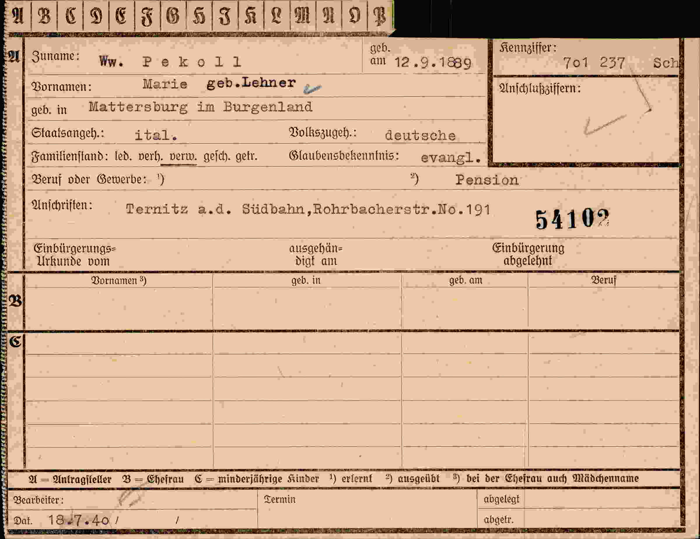 Dokument für Marie Pekoll