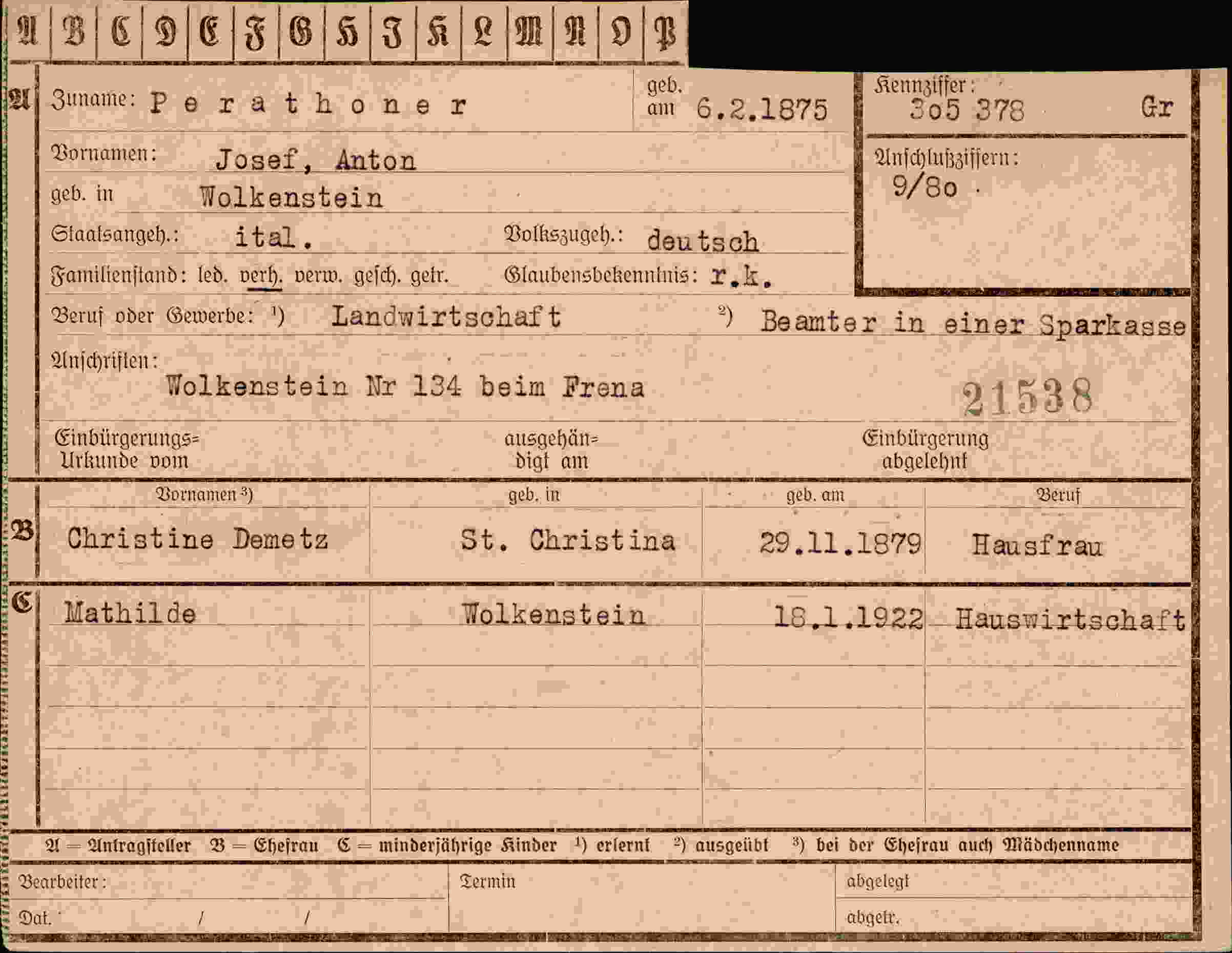Dokument für Josef Anton Perathoner