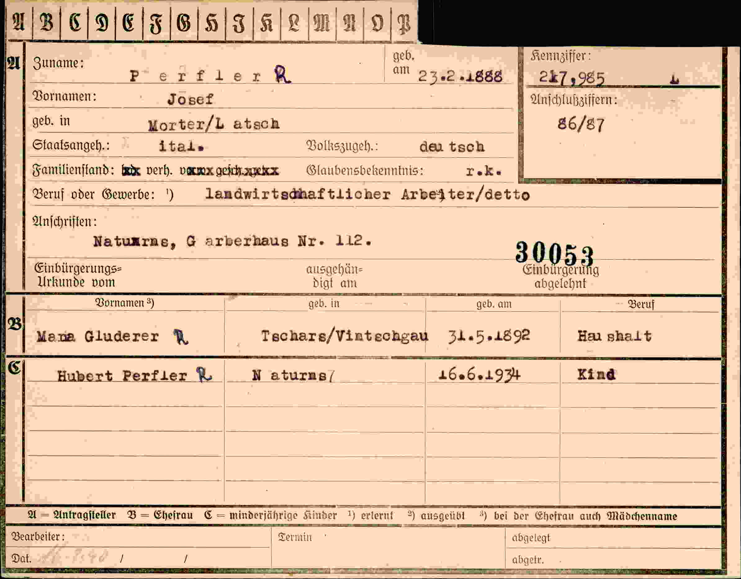 Dokument für Josef Perfler