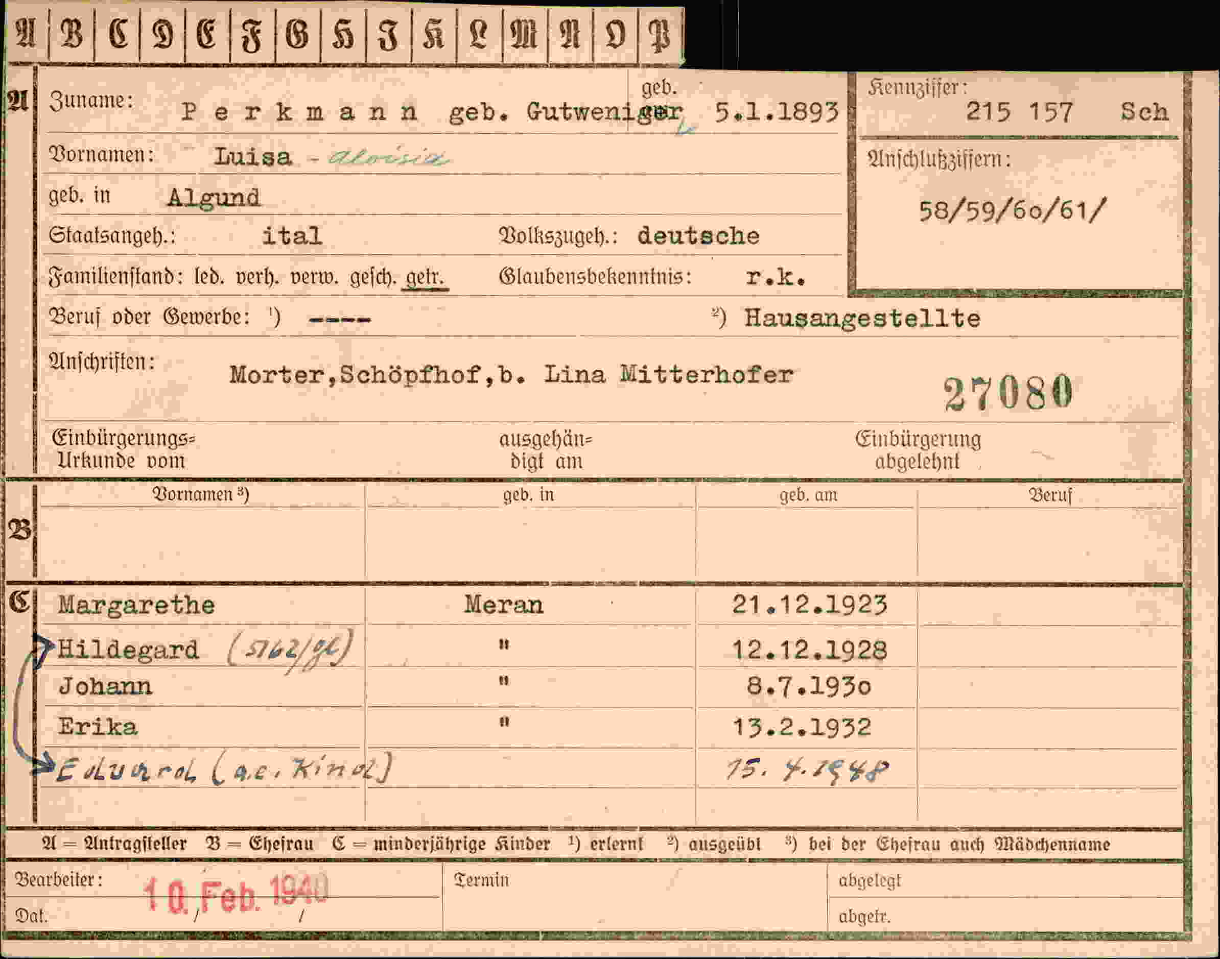 Dokument für Aloisia Perkmann