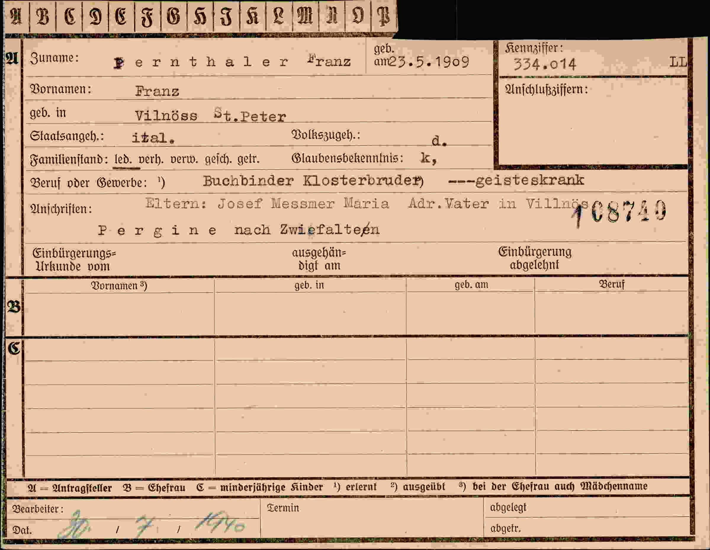 Dokument für Franz Pernthaler Franz