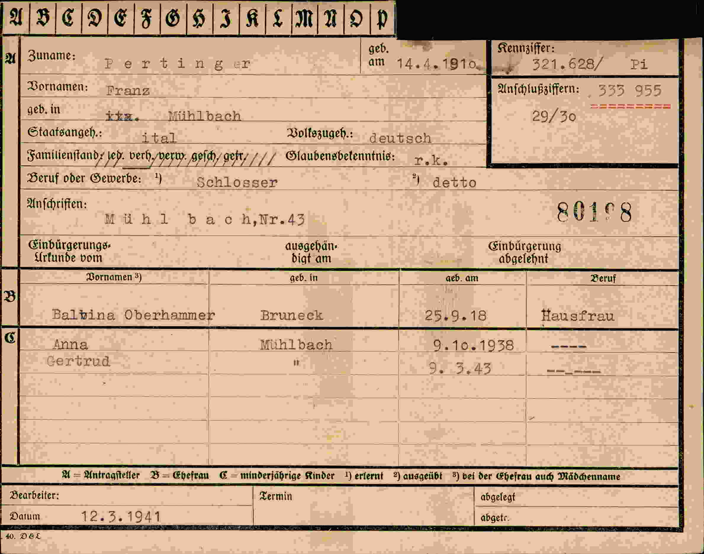 Dokument für Franz Pertinger