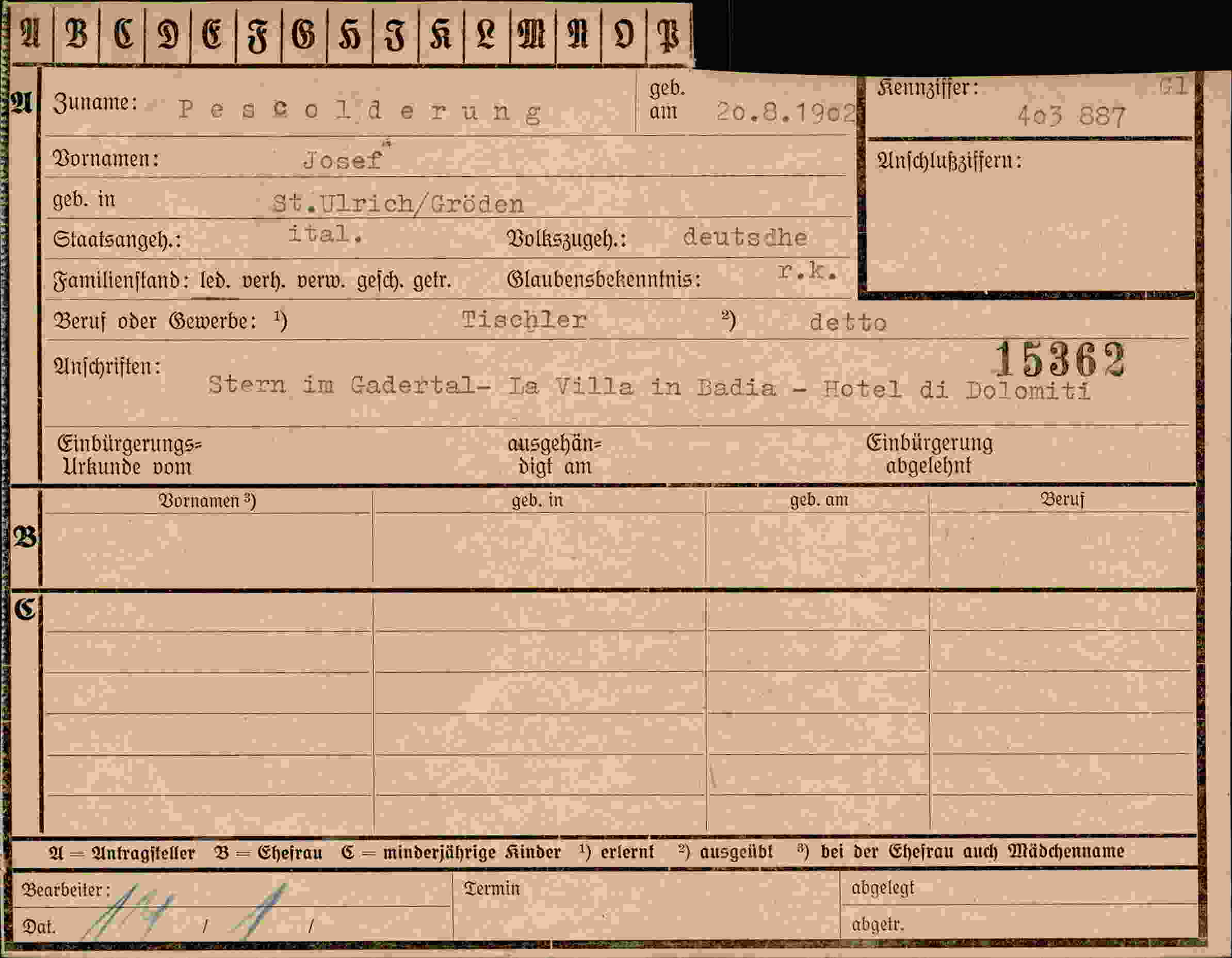 Dokument für Josef Pescolderung