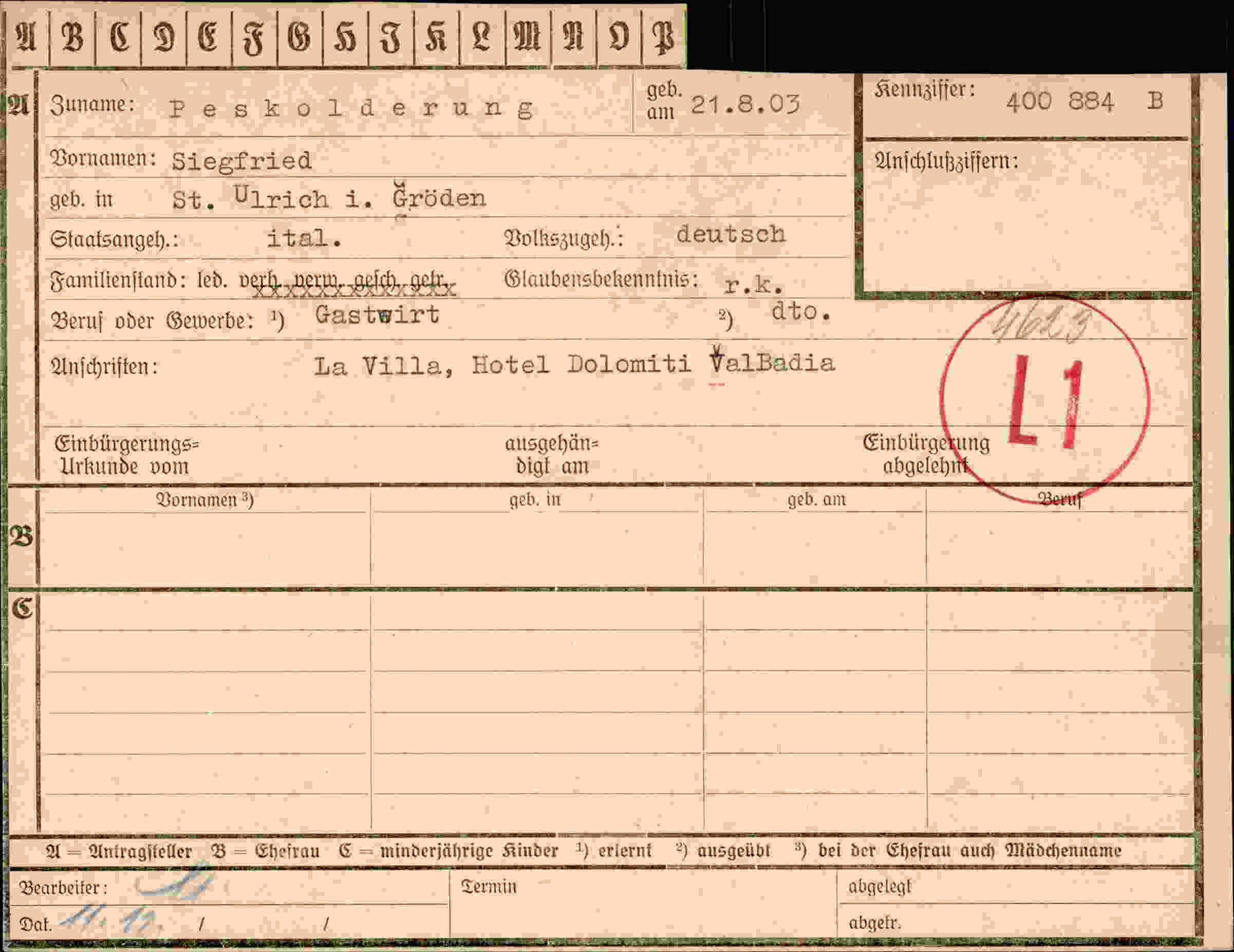 Dokument für Siegfried Peskolderung