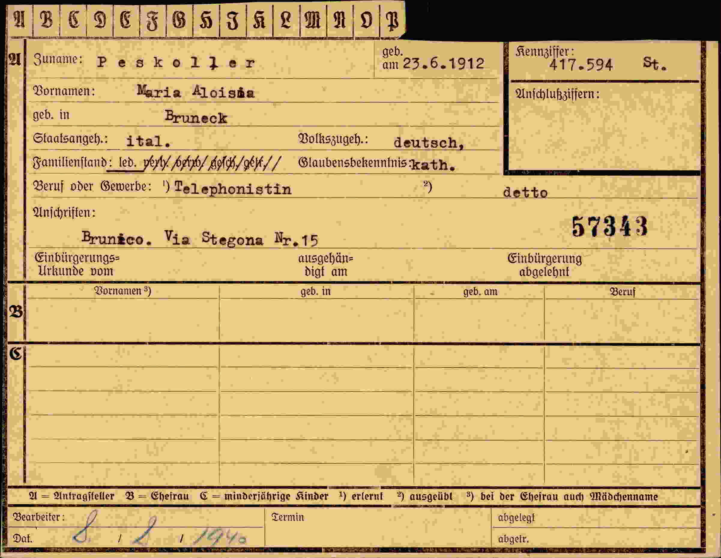 Dokument für Maria Aloisia Peskoller