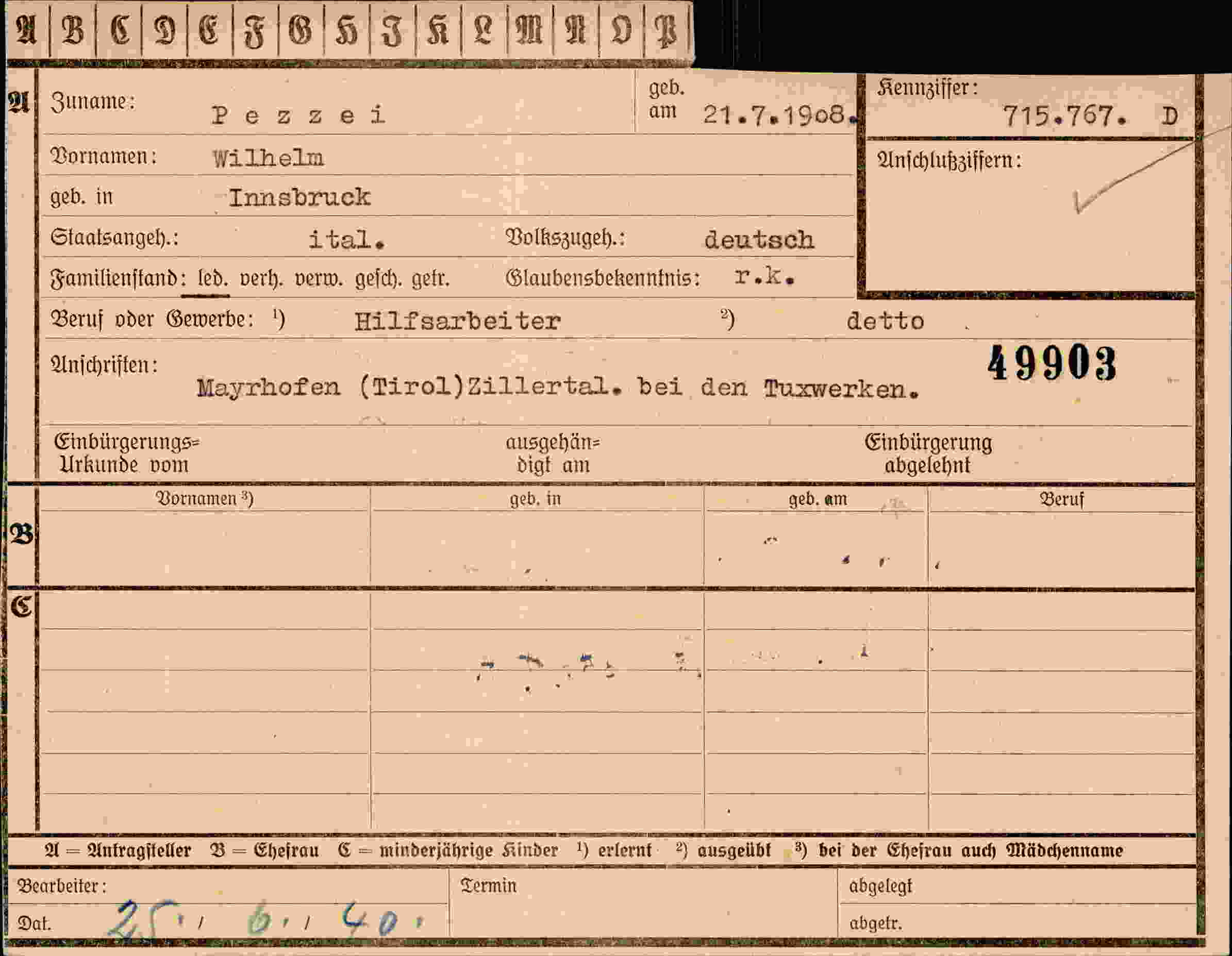 Dokument für Wilhelm Pezei