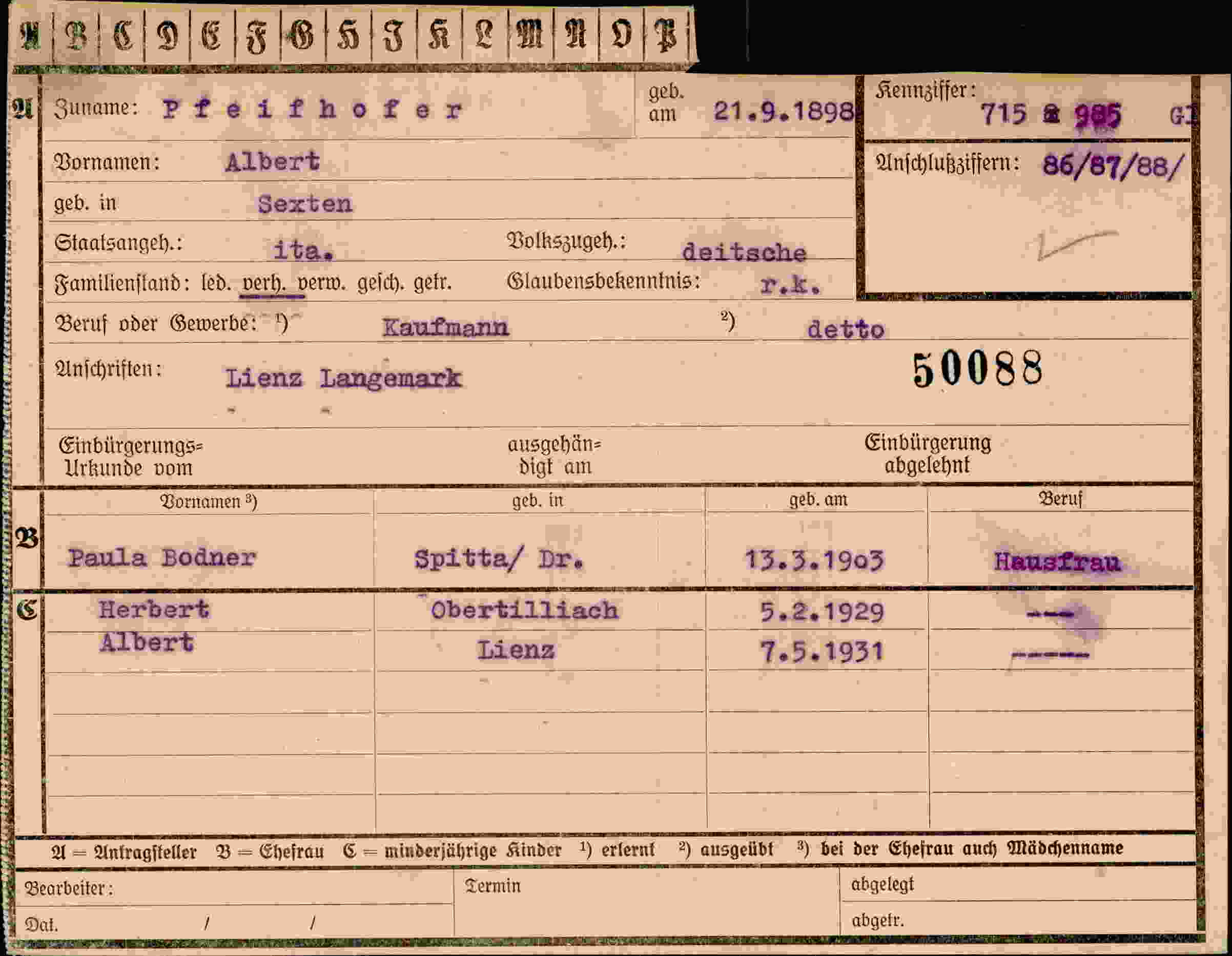 Dokument für Albert Pfeifhofer