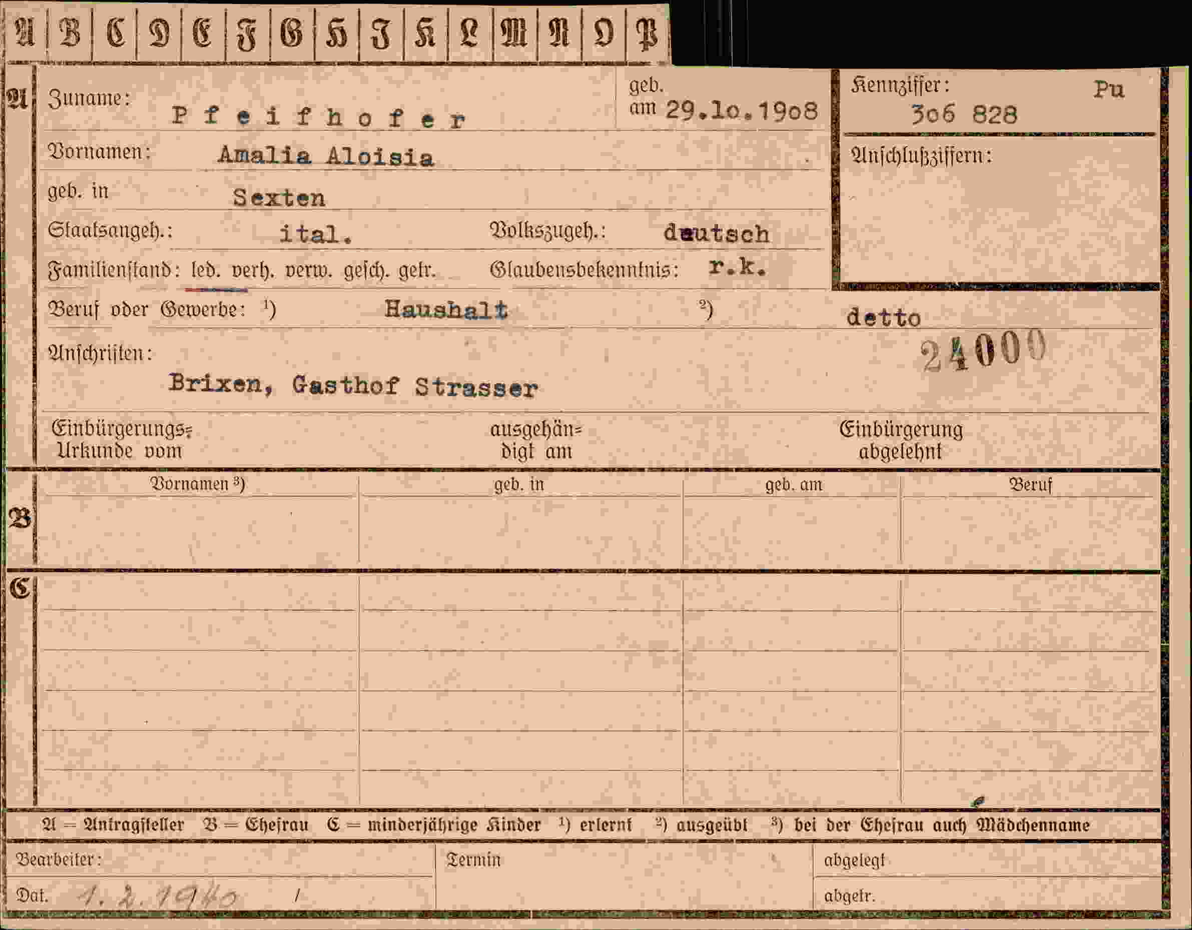 Dokument für Amalia Aloisia Pfeifhofer