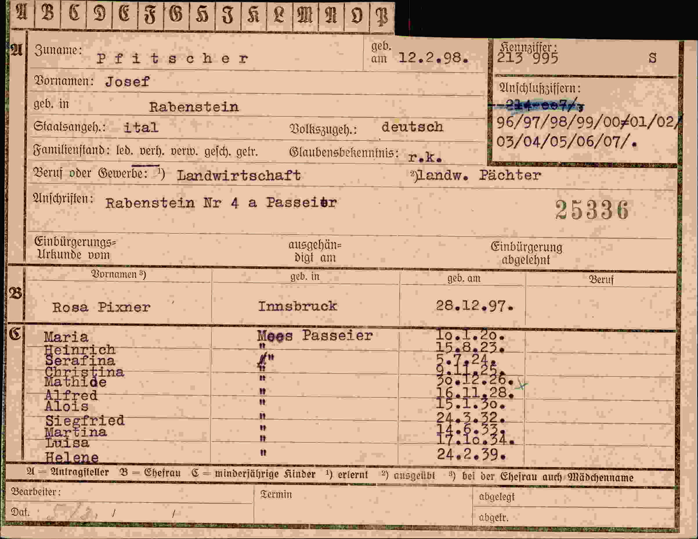 Dokument für Josef Pffitscher