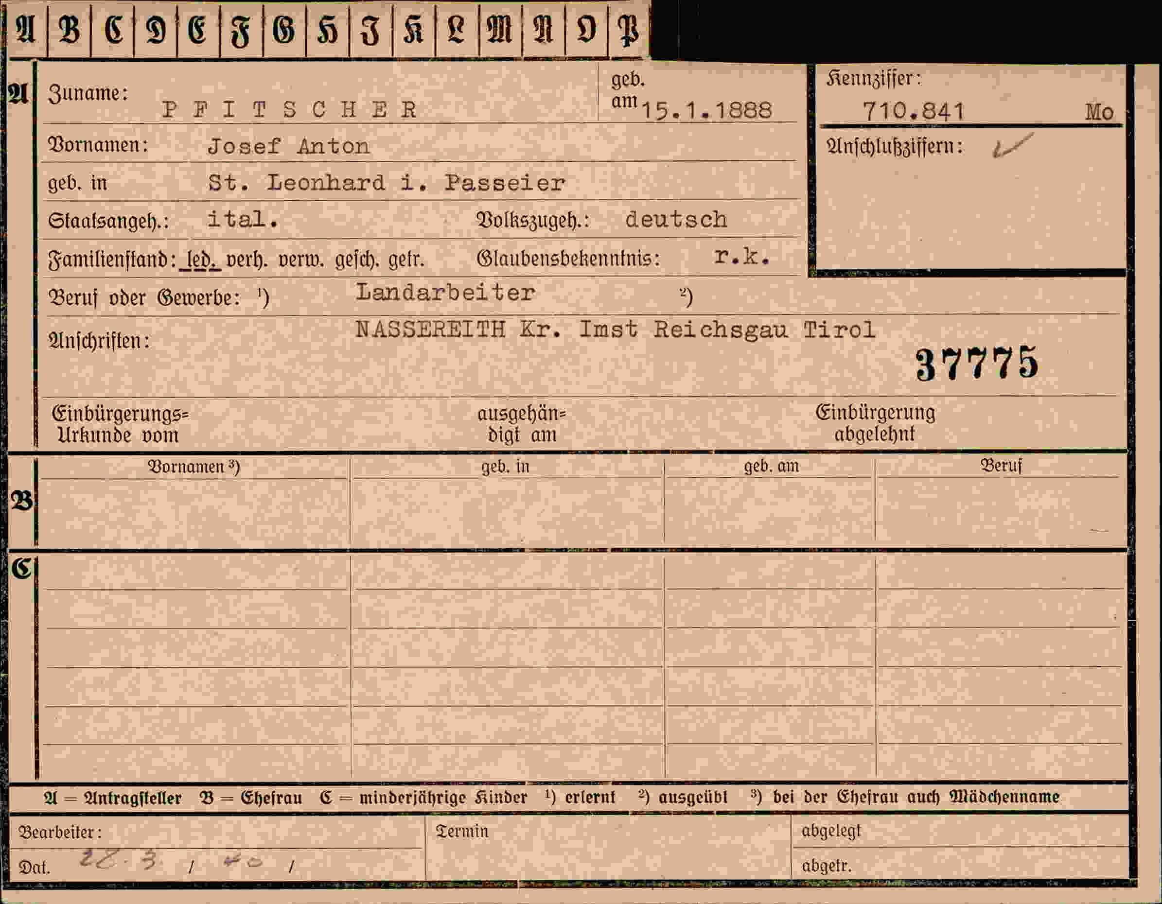 Dokument für Josef Anton Pfitscher