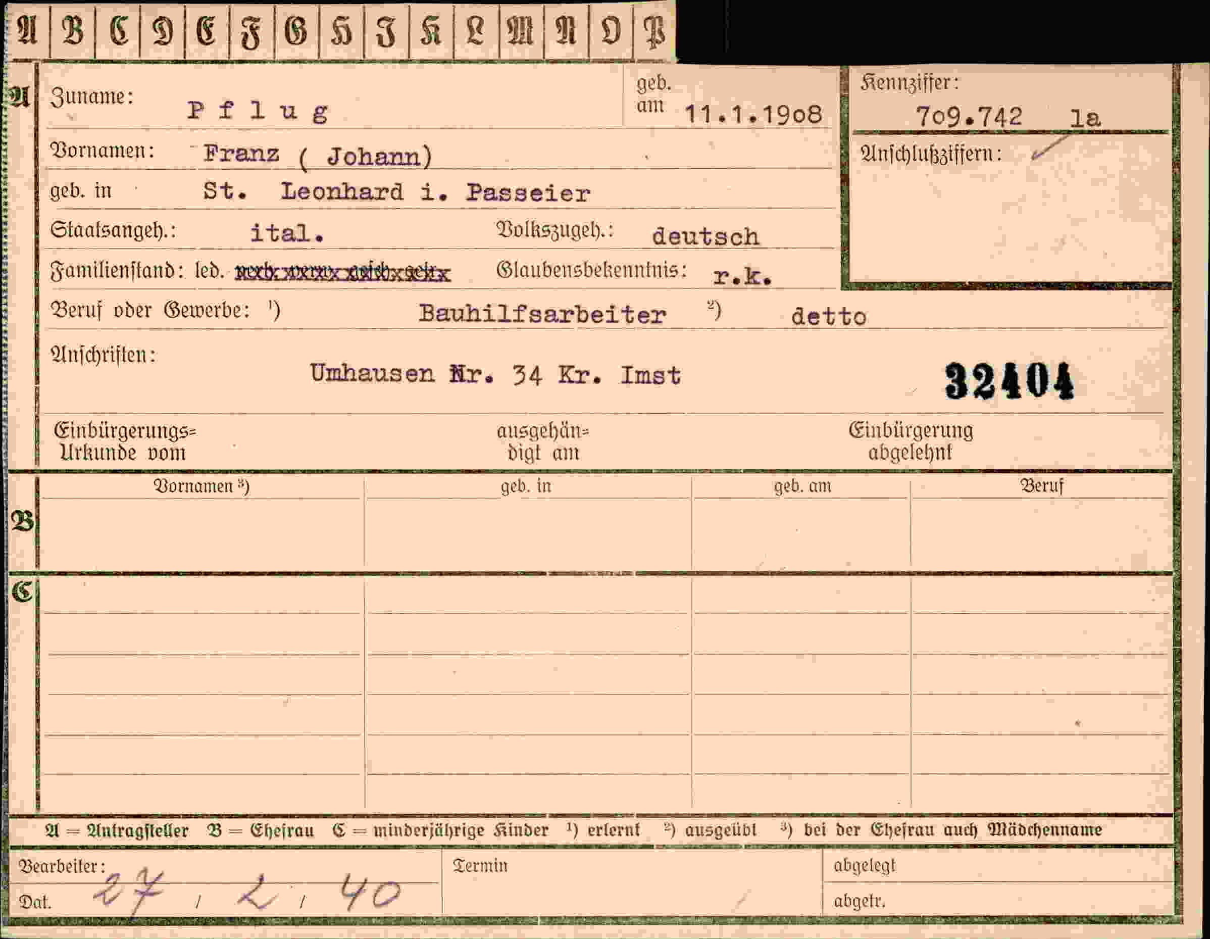 Dokument für Franz Johann Pflug