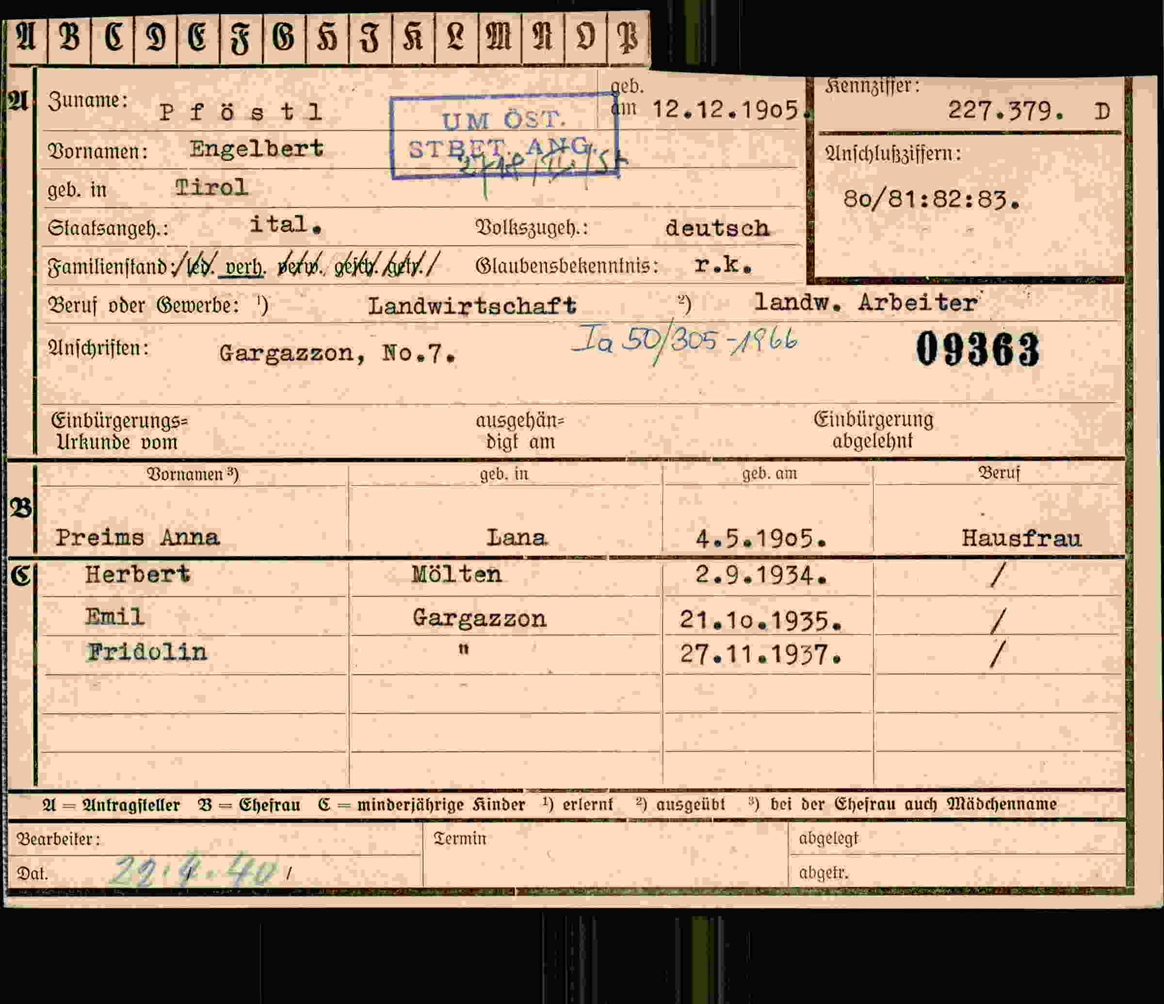 Dokument für Engelbert Pföstl