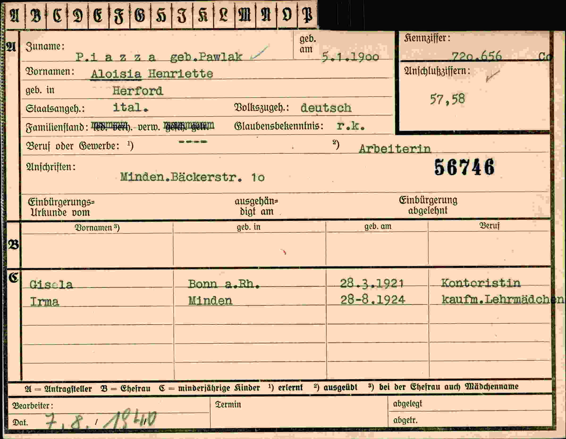 Dokument für Aloisia Henriette Pawlak
